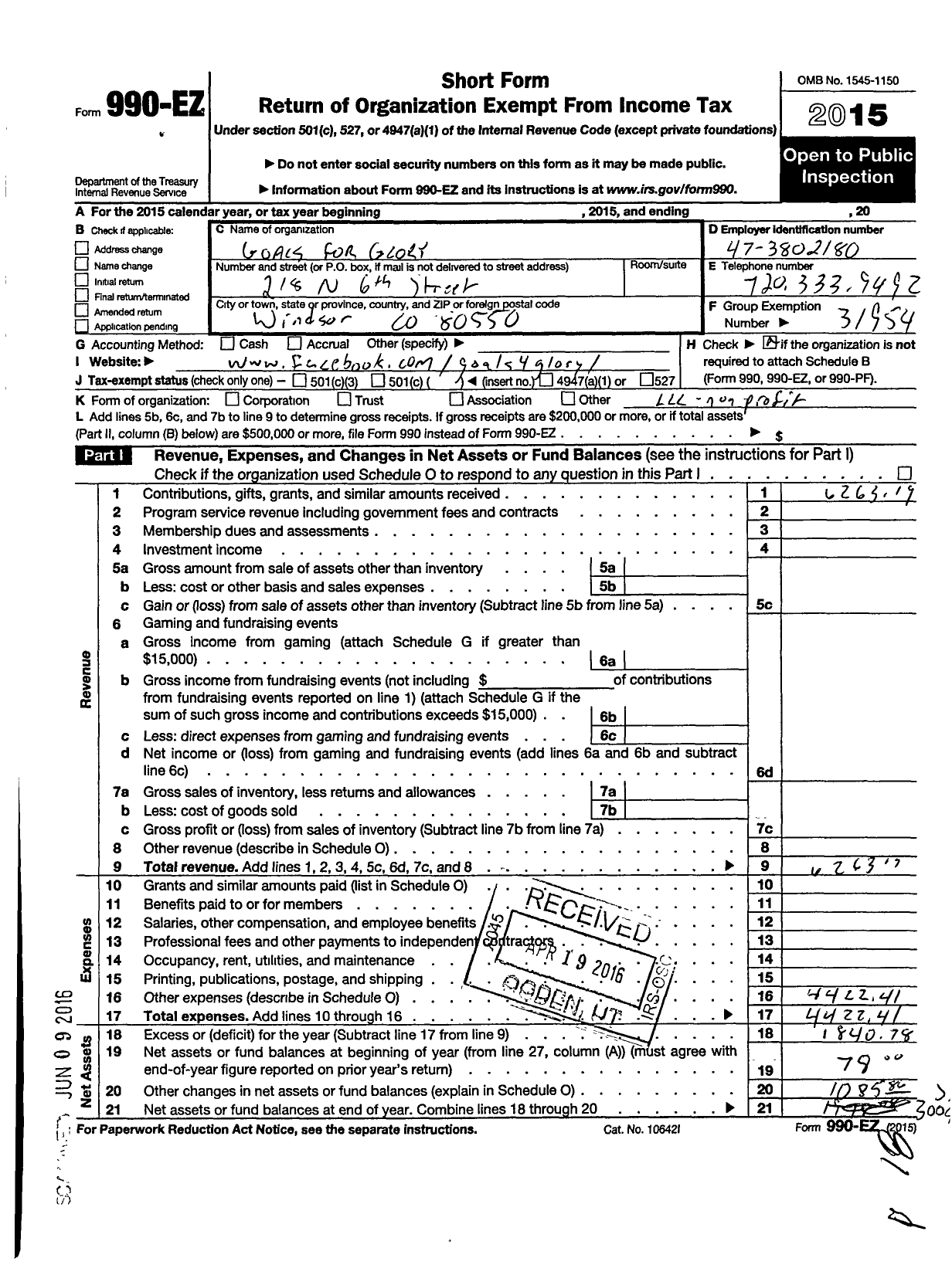 Image of first page of 2015 Form 990EO for Bound To Rebound