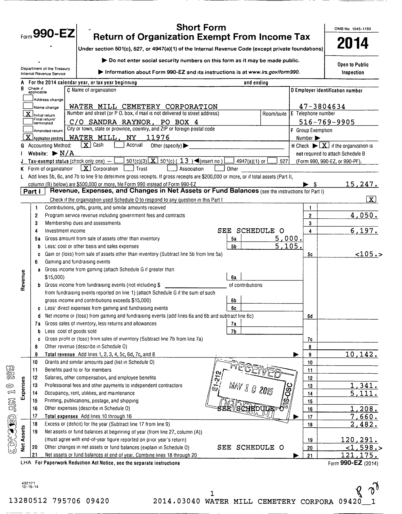 Image of first page of 2014 Form 990EO for Water Mill Cemetery Corporation