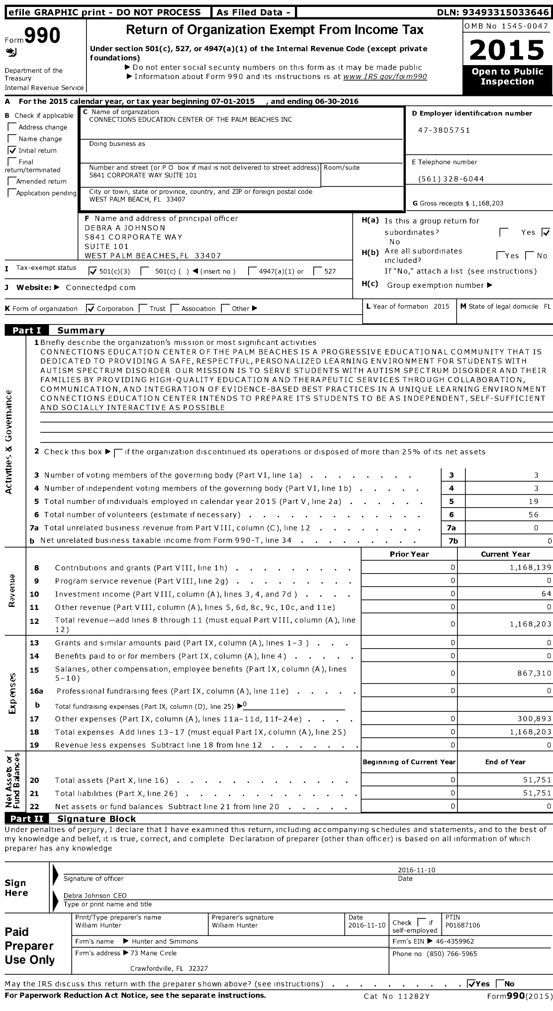 Image of first page of 2015 Form 990 for Connections Education Center of the Palm Beaches