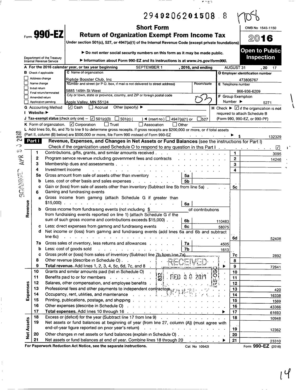 Image of first page of 2016 Form 990EZ for Riptide Booster Club