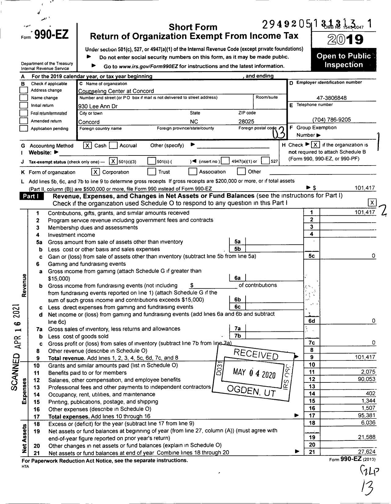 Image of first page of 2019 Form 990EZ for Counseling Center of Concord