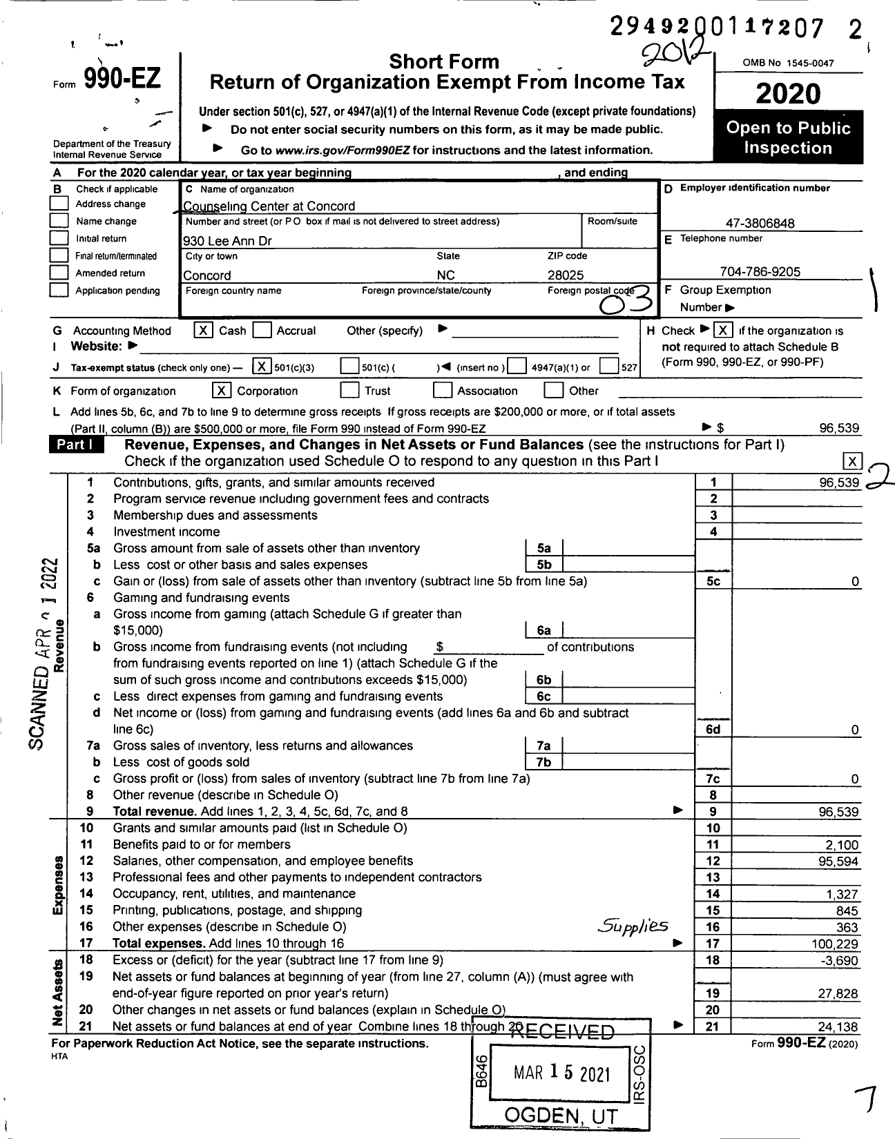 Image of first page of 2020 Form 990EZ for Counseling Center of Concord