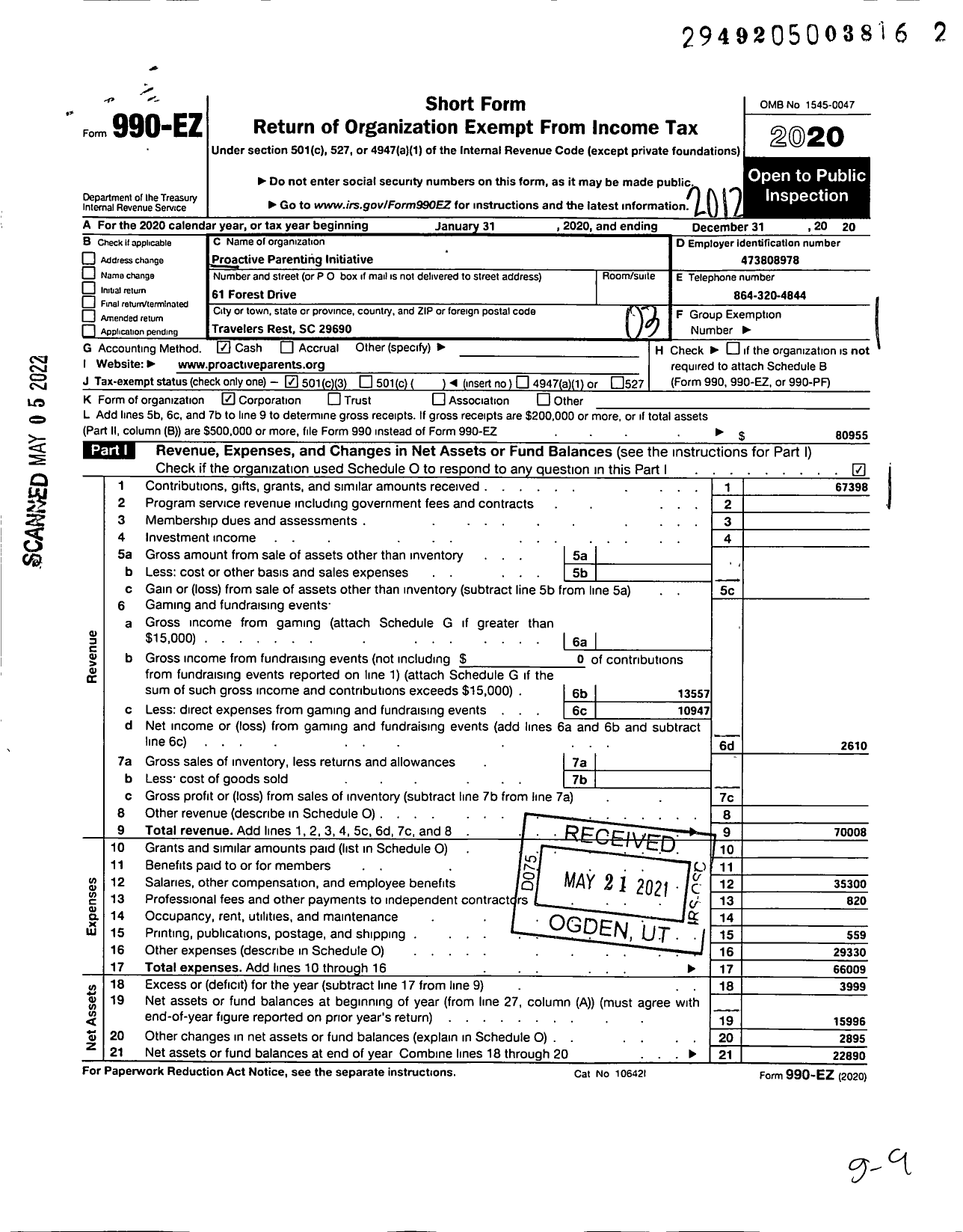 Image of first page of 2020 Form 990EZ for Proactive Parenting Initiative