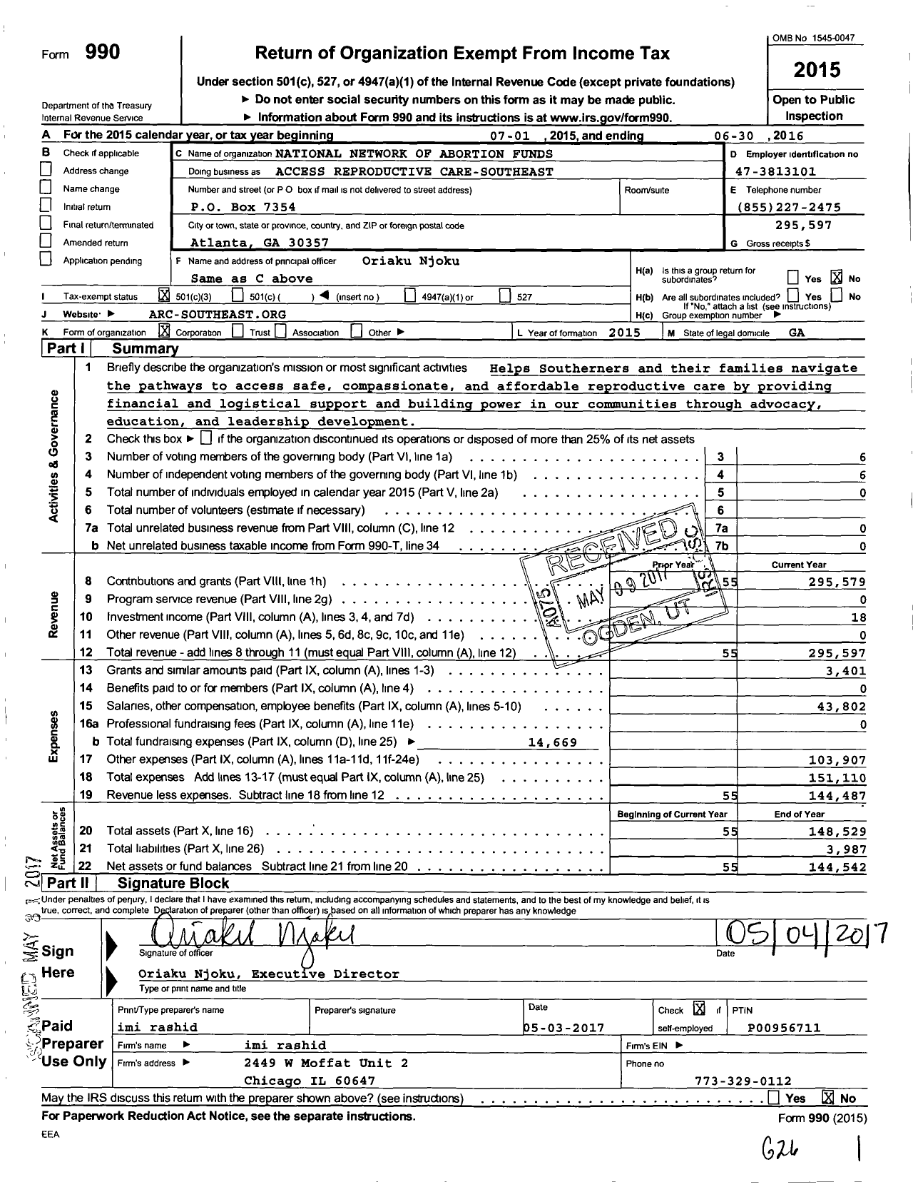 Image of first page of 2015 Form 990 for Access Reproductive Care - Southeast