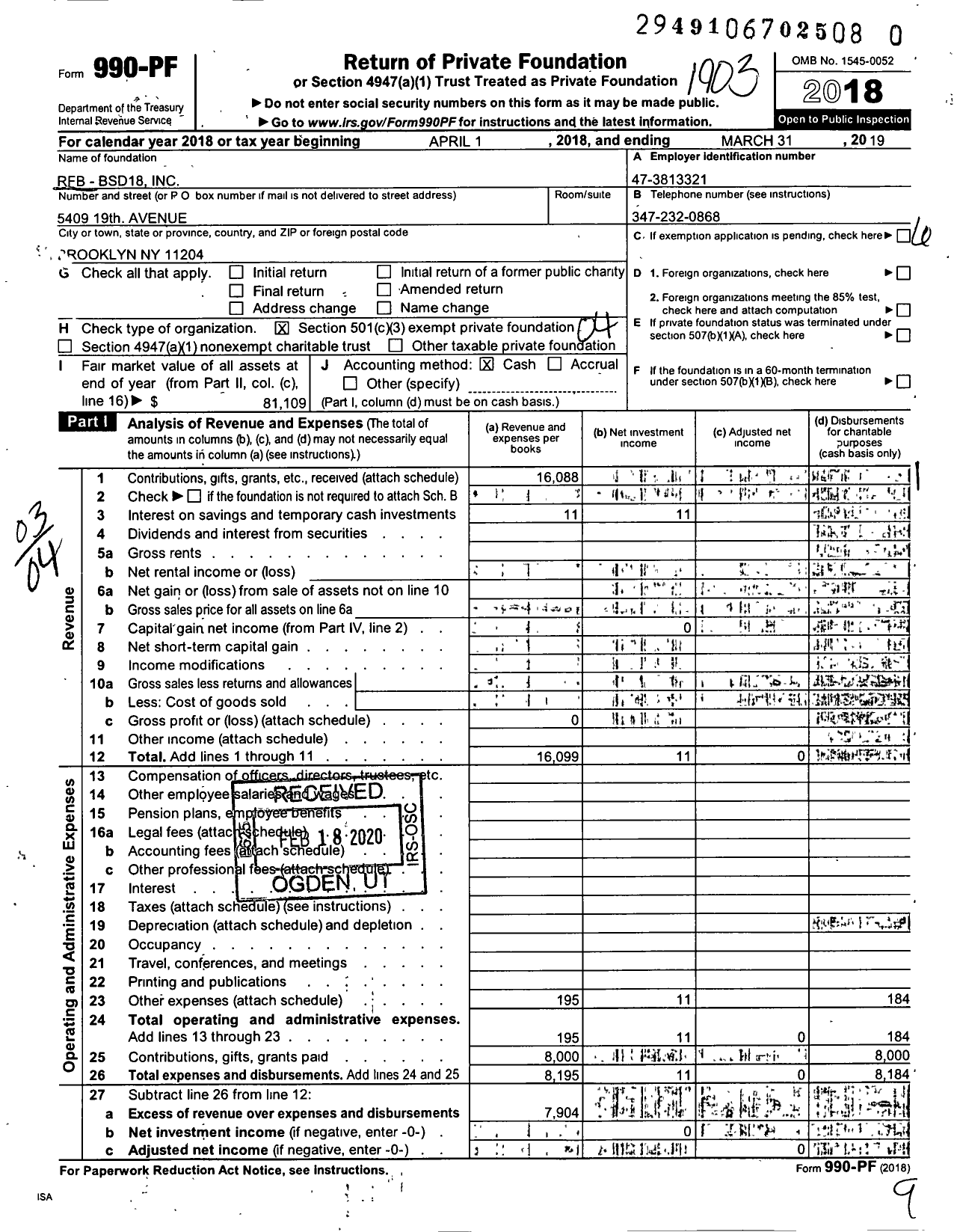 Image of first page of 2018 Form 990PR for RFB-BSD18