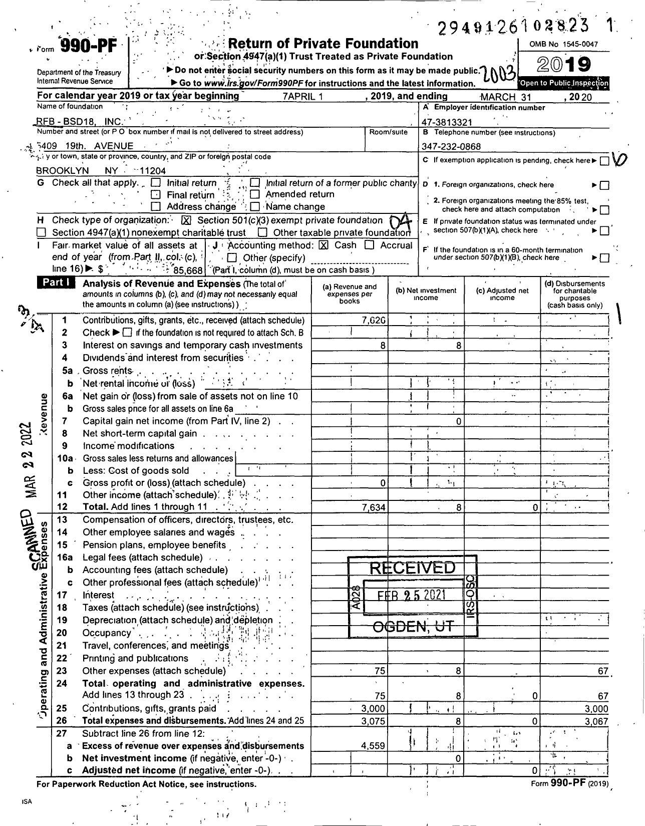 Image of first page of 2019 Form 990PF for RFB-BSD18