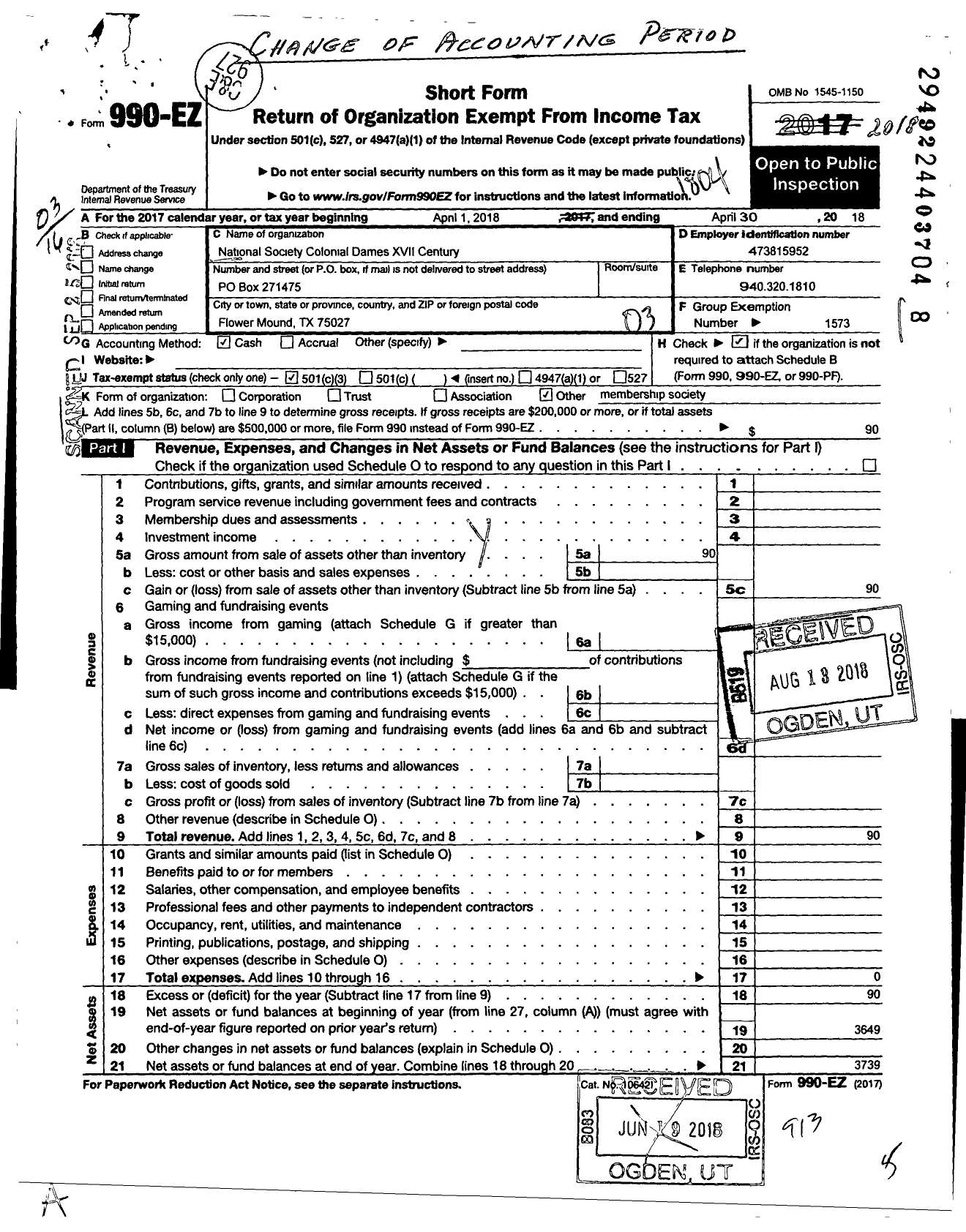 Image of first page of 2017 Form 990EZ for National Society Colonial Dames Xvii Century / Star of Destiny Chapter