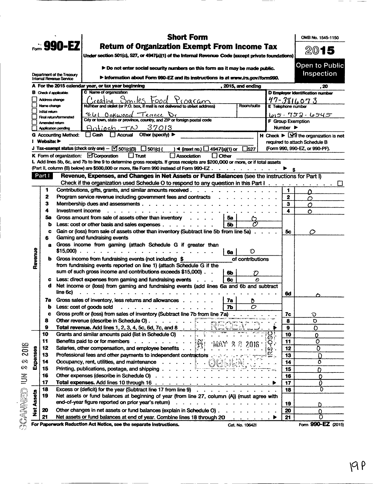 Image of first page of 2015 Form 990EZ for Creating Smiles Food Program