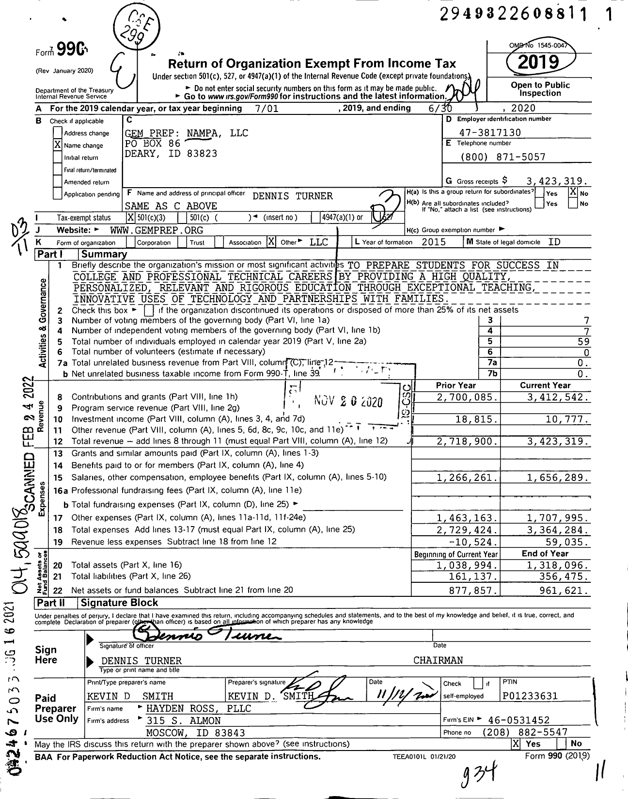 Image of first page of 2019 Form 990 for Gem Prep Nampa LLC