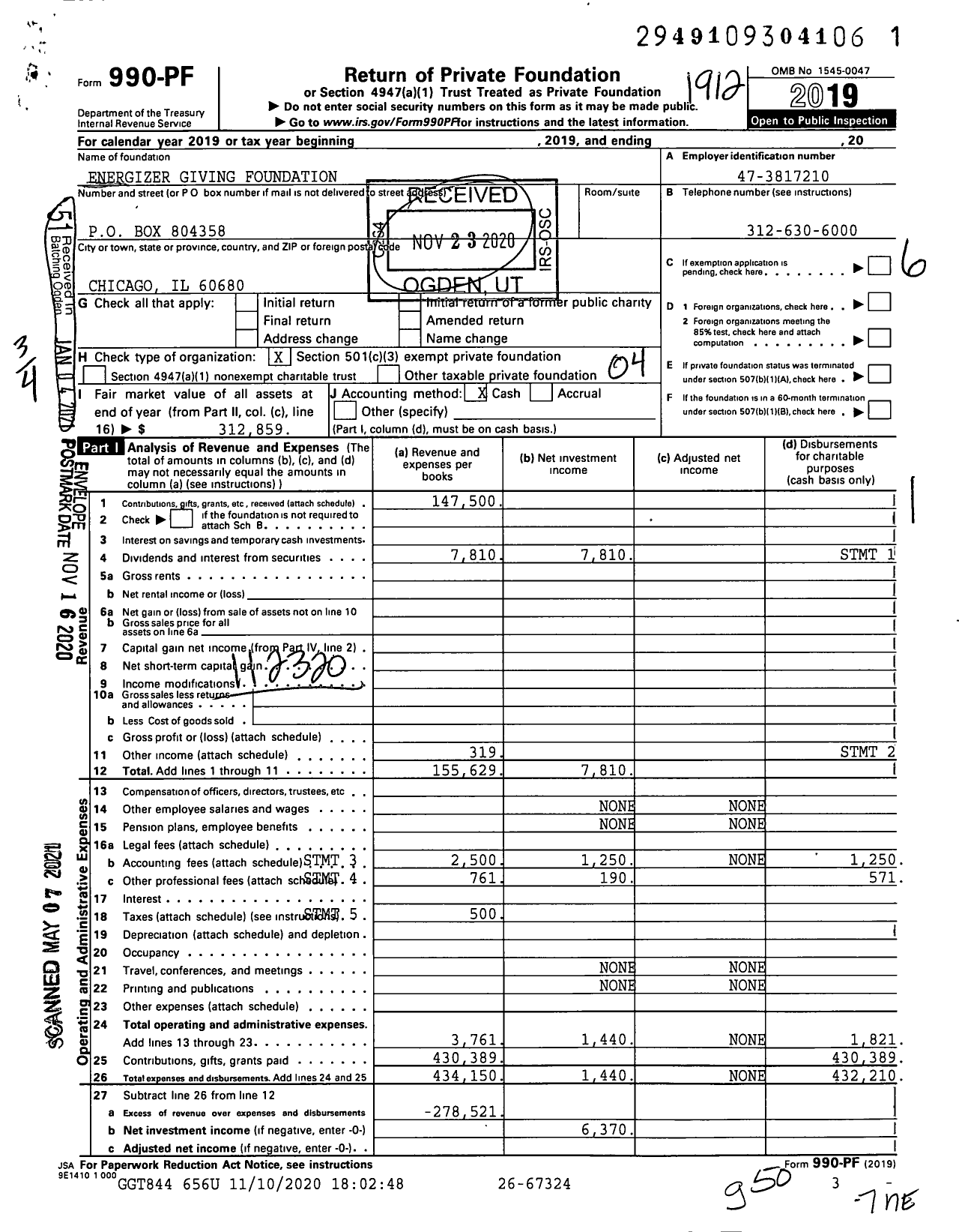 Image of first page of 2019 Form 990PF for Energizer Giving Foundation