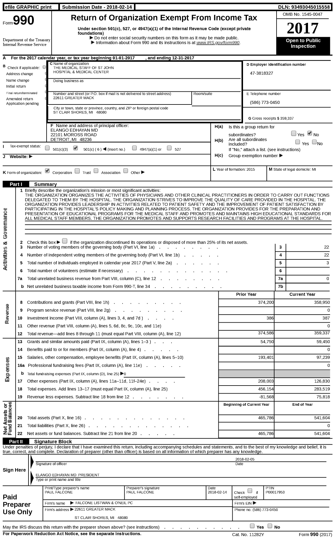 Image of first page of 2017 Form 990 for The Medical Staff of St John Hospital and Medical Center