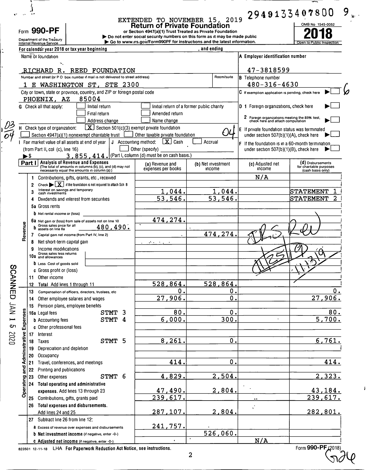 Image of first page of 2018 Form 990PF for Richard Reed Foundation