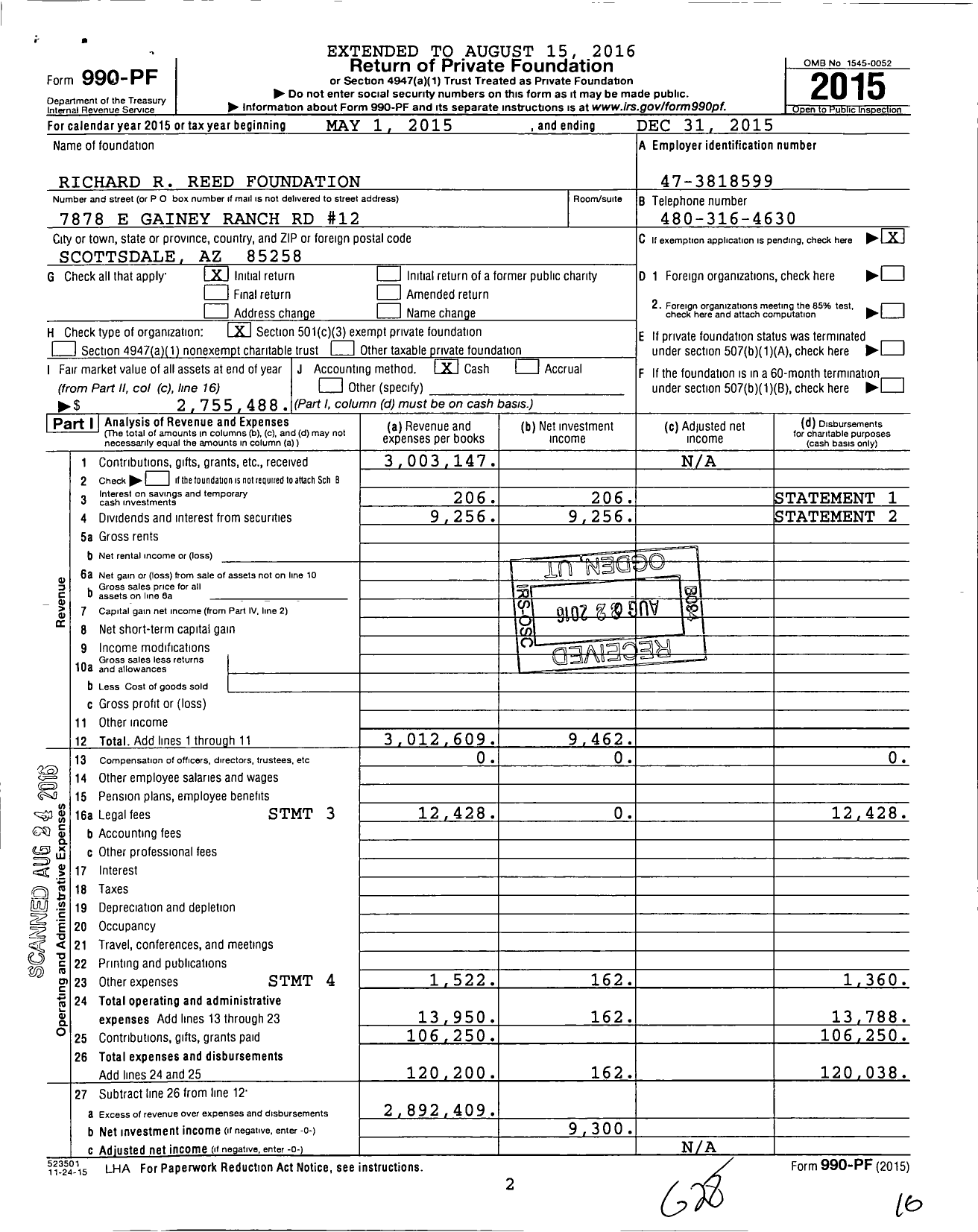 Image of first page of 2015 Form 990PF for Richard Reed Foundation