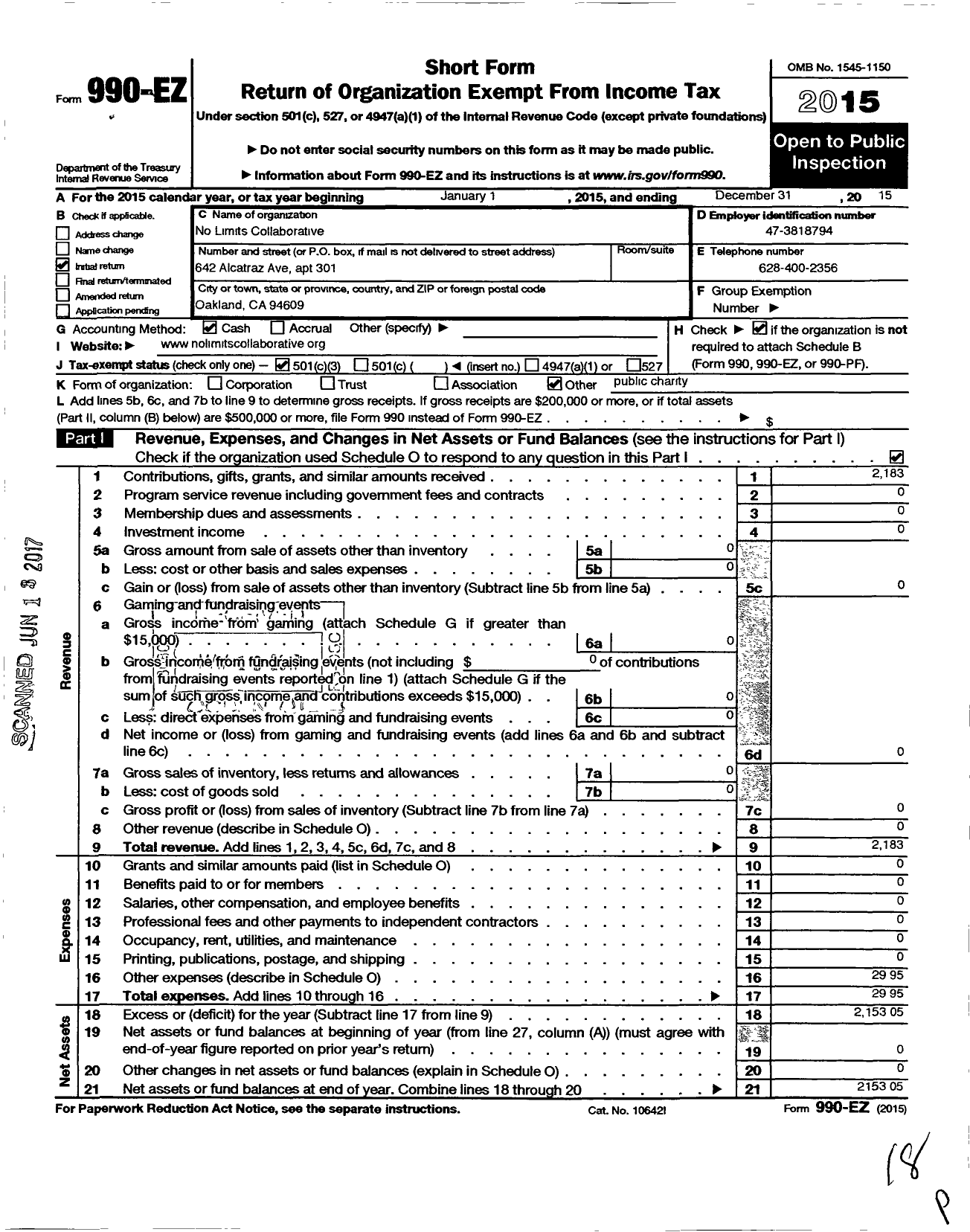 Image of first page of 2015 Form 990EZ for No Limits Collaborative