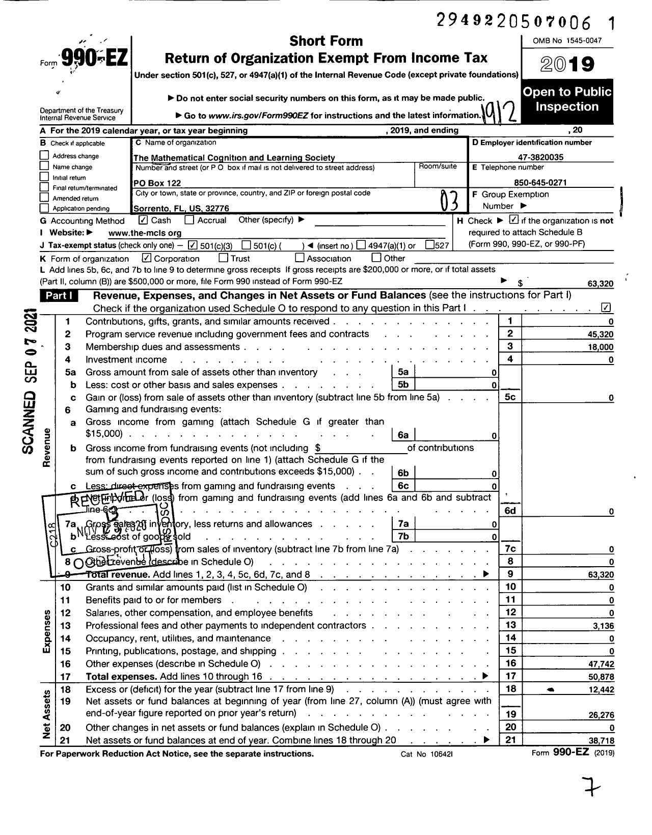 Image of first page of 2019 Form 990EZ for Mathematical Cognition and Learning Society