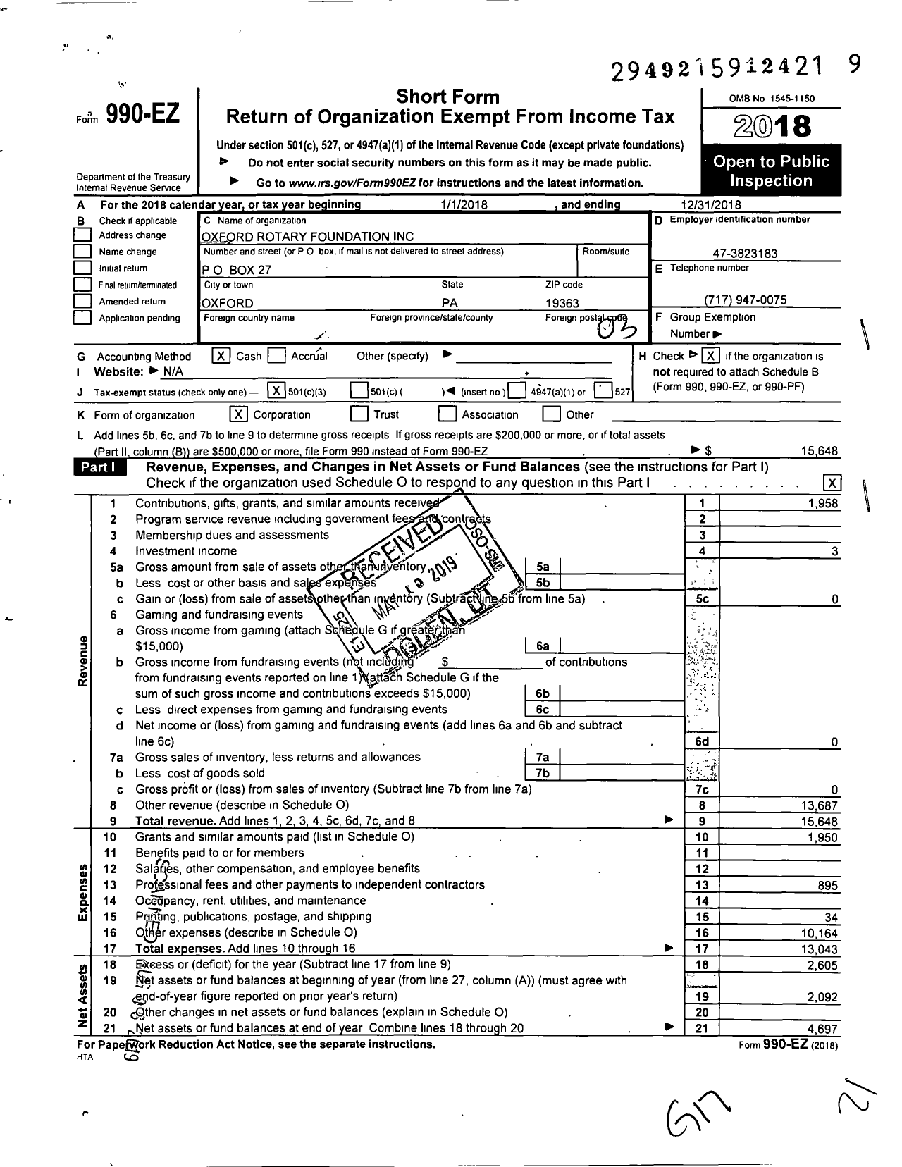 Image of first page of 2018 Form 990EZ for Oxford Rotary Foundation