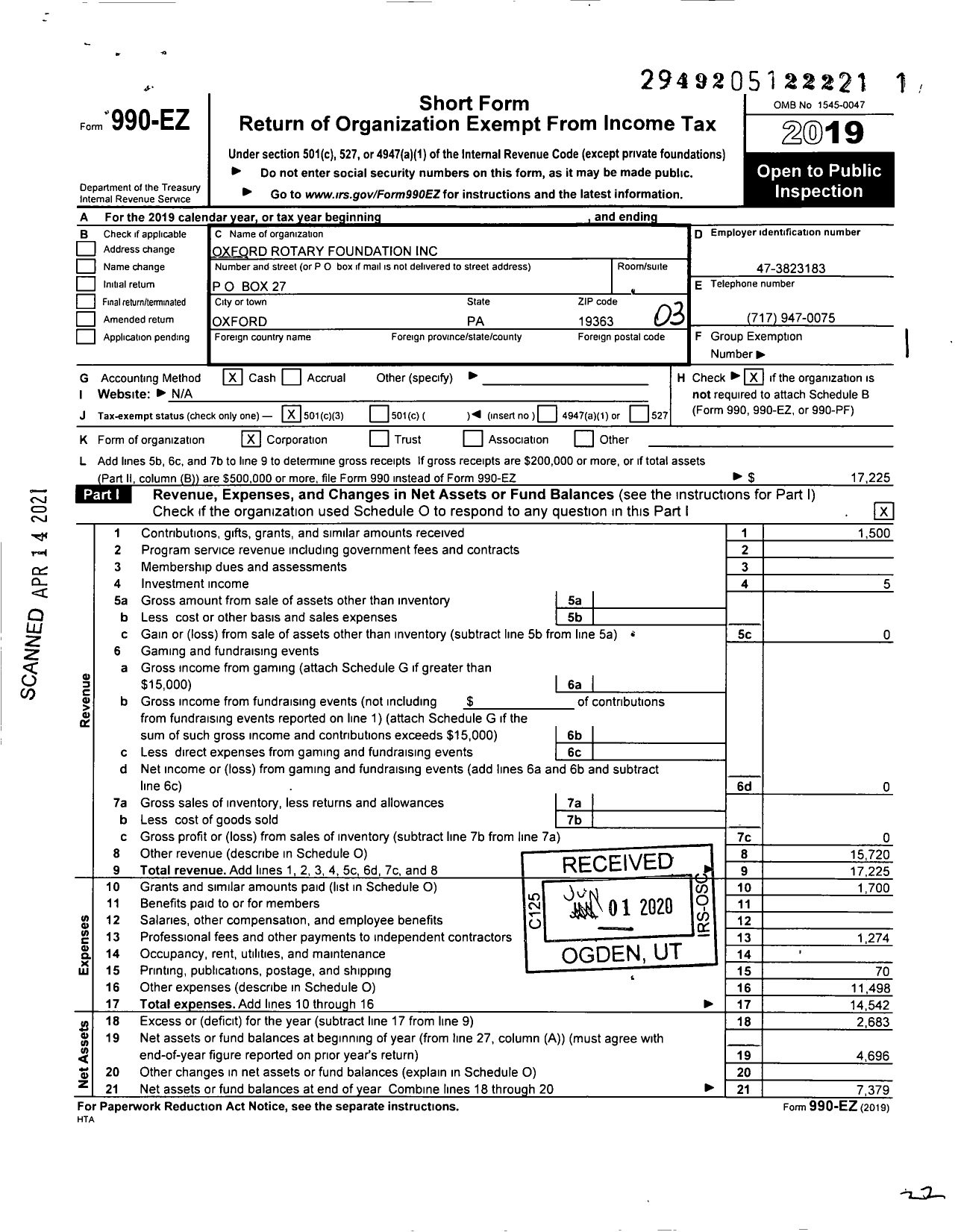 Image of first page of 2019 Form 990EZ for Oxford Rotary Foundation