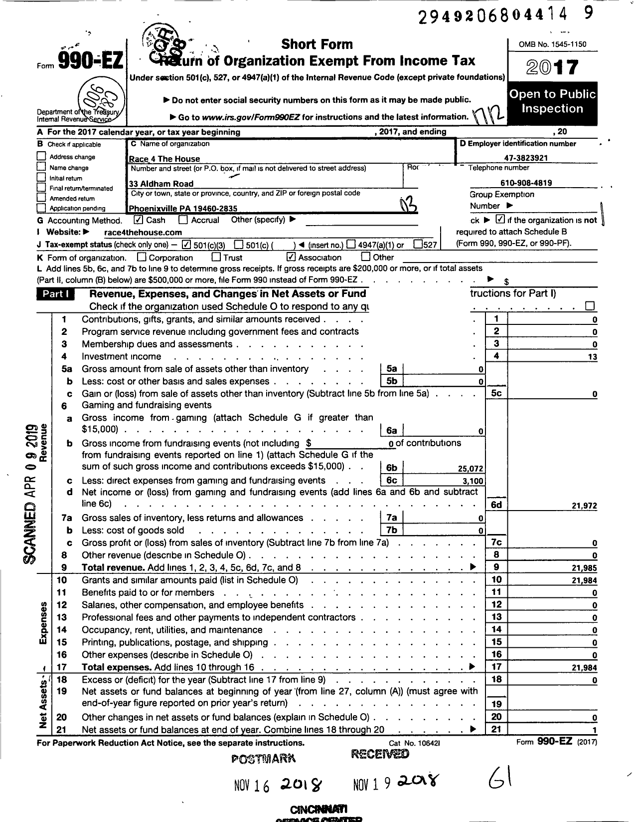 Image of first page of 2017 Form 990EZ for Race 4 the House