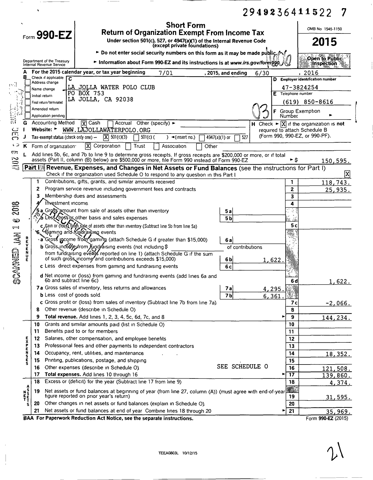 Image of first page of 2015 Form 990EZ for La Jolla Water Polo Club
