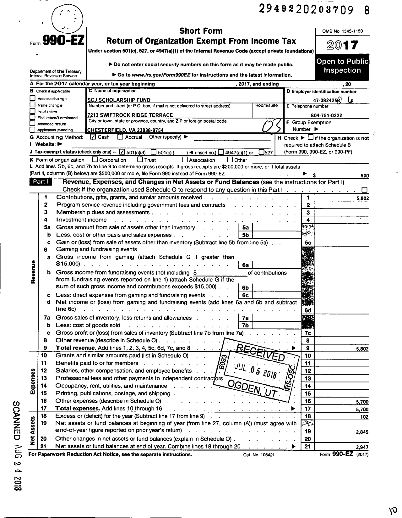 Image of first page of 2017 Form 990EZ for SCJ Scholarship Fund