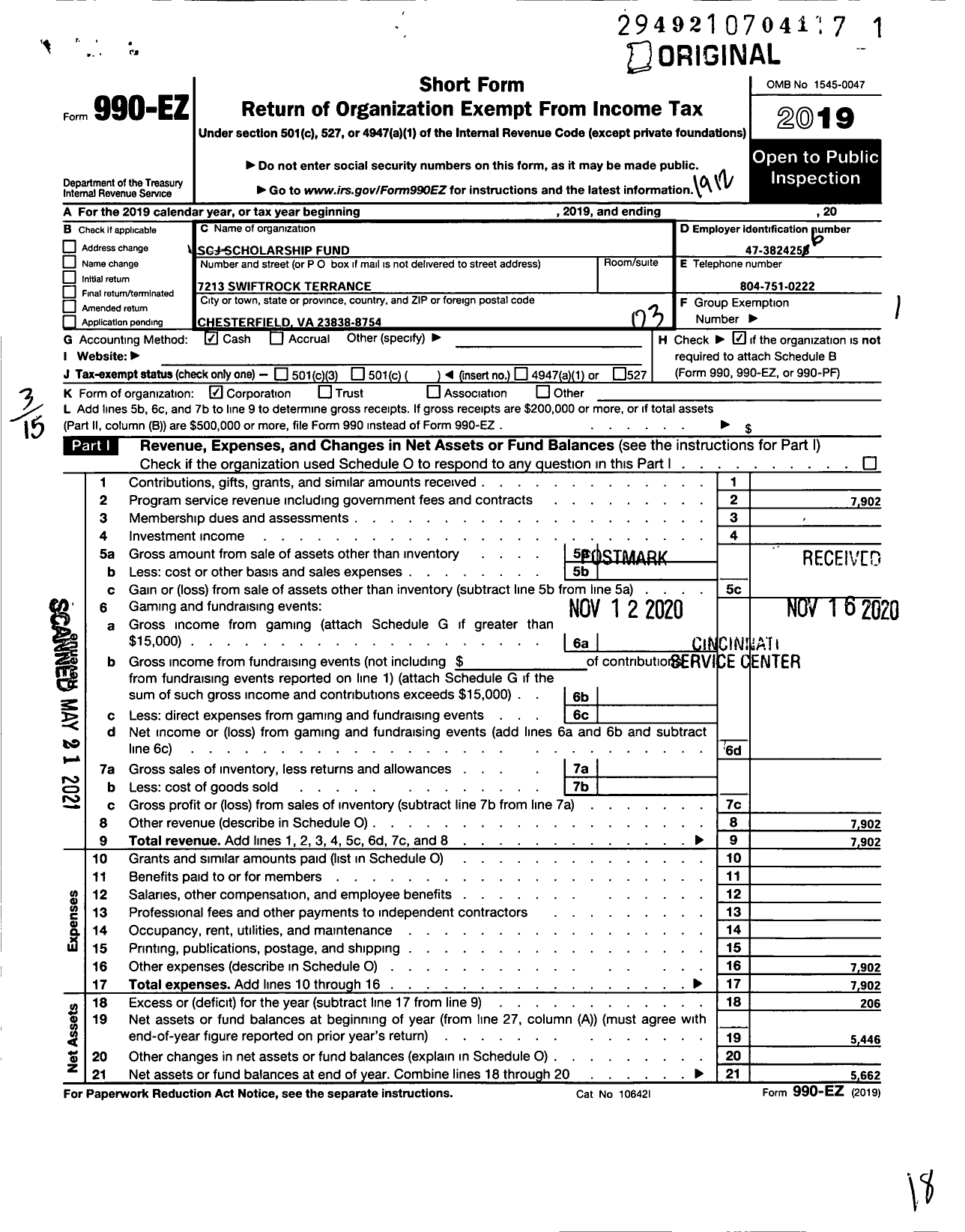 Image of first page of 2019 Form 990EZ for SCJ Scholarship Fund