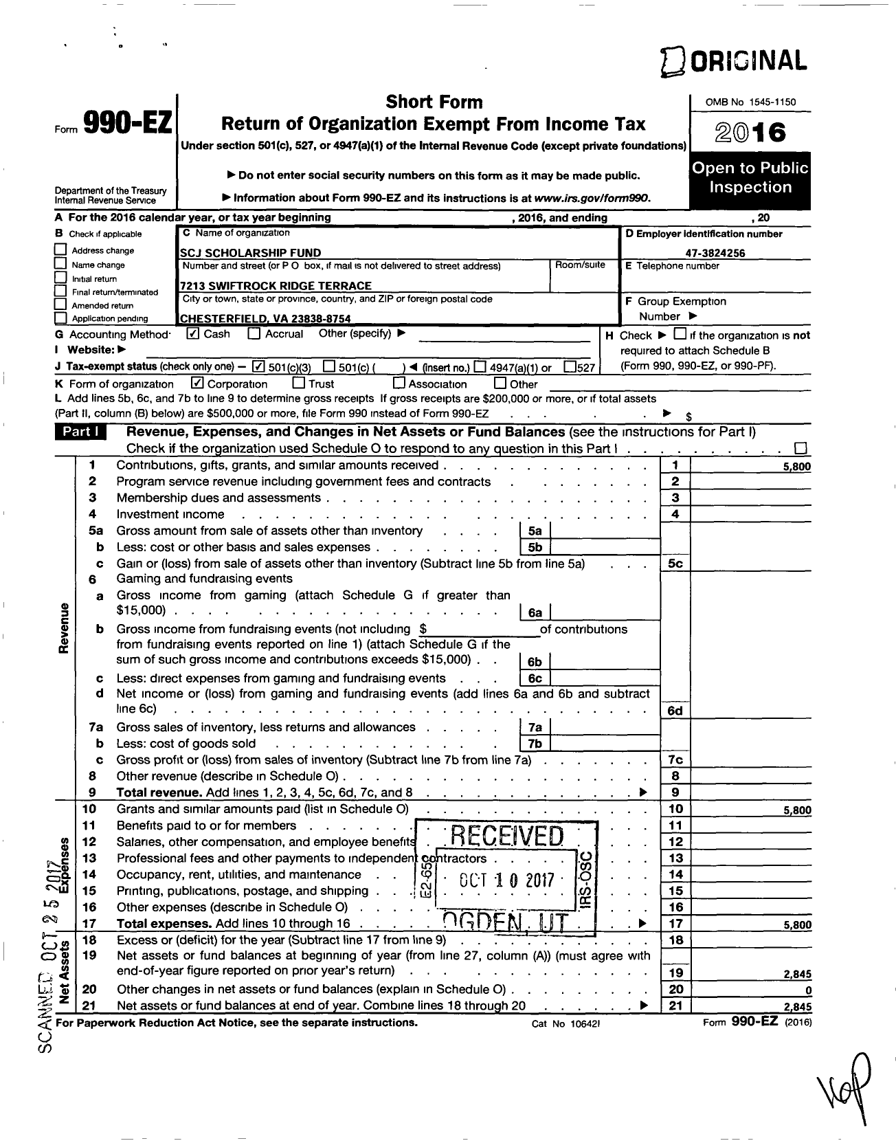 Image of first page of 2016 Form 990EZ for SCJ Scholarship Fund