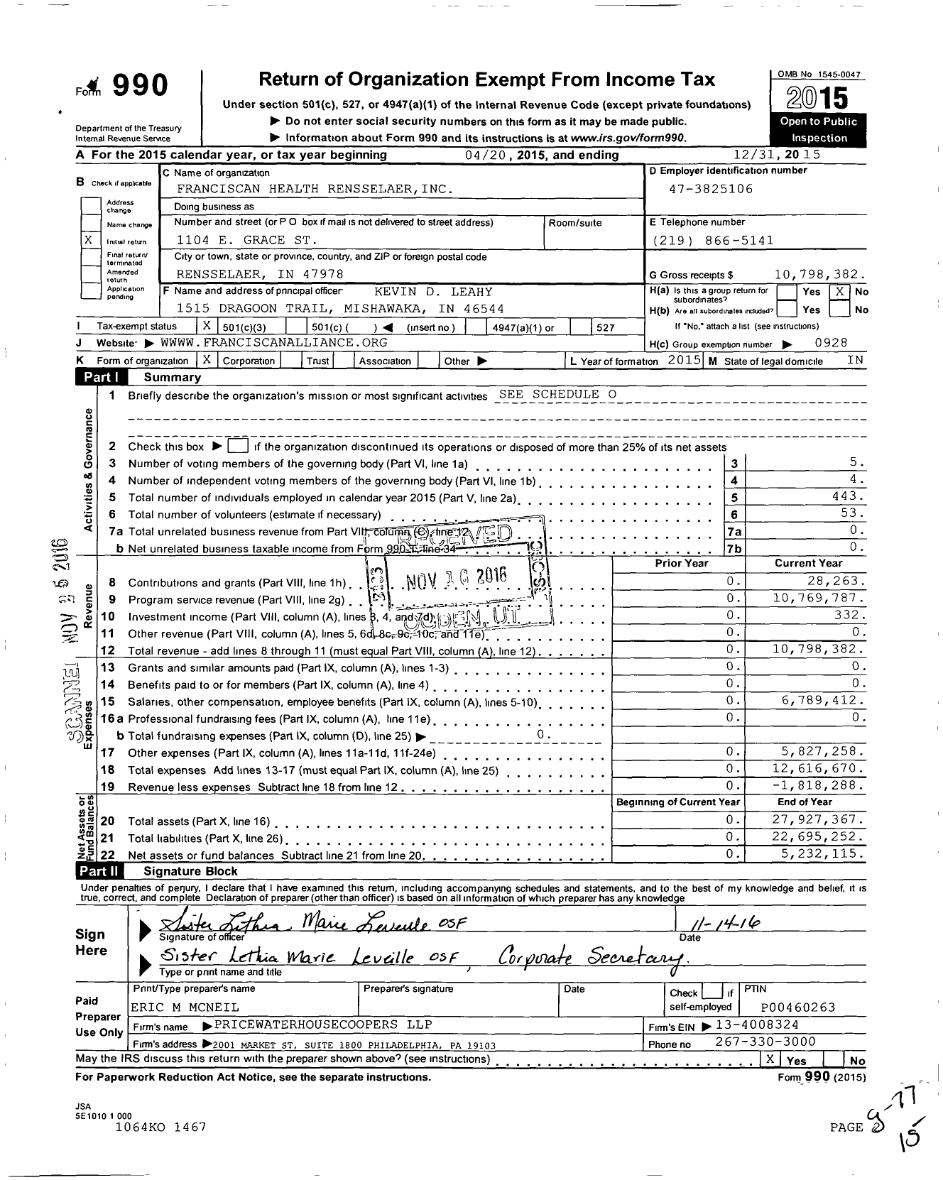 Image of first page of 2015 Form 990 for Franciscan Health Rensselaer