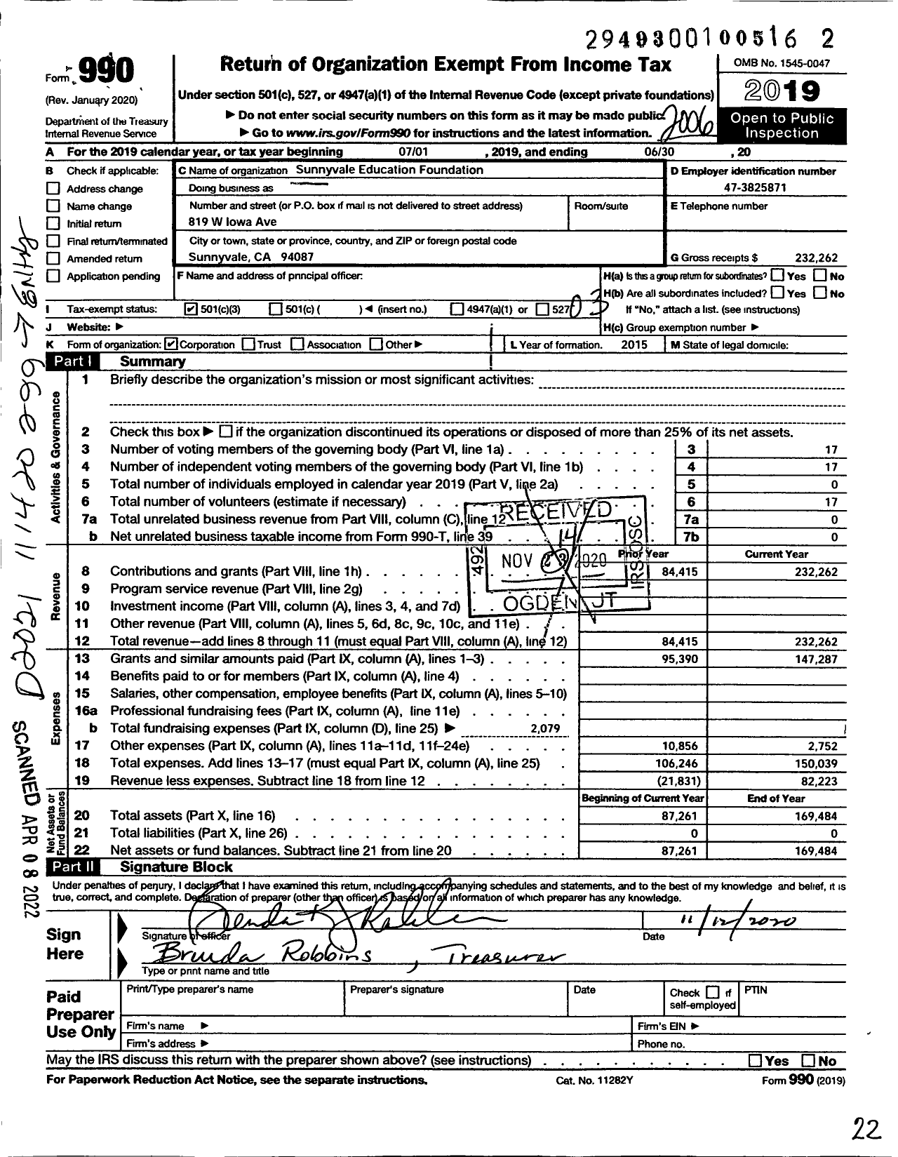 Image of first page of 2019 Form 990 for Sunnyvale Education Foundation