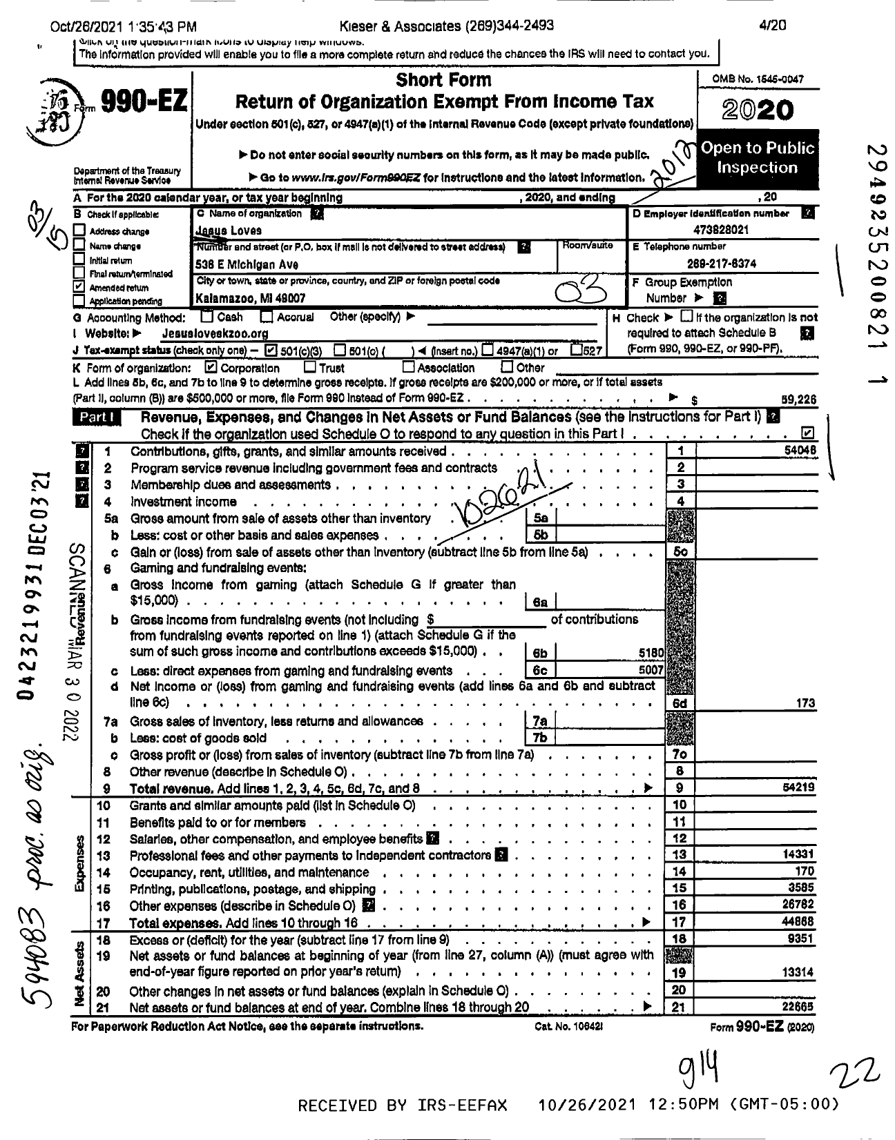 Image of first page of 2020 Form 990EZ for Jesus Loves