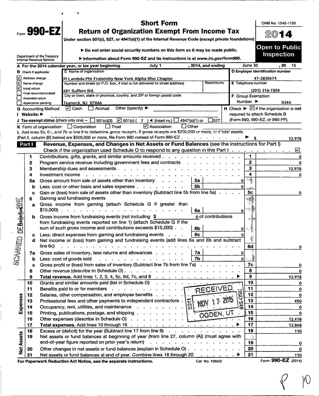 Image of first page of 2014 Form 990EO for Pi Lambda Phi Fraternity / New York Alpha Rho Chapter