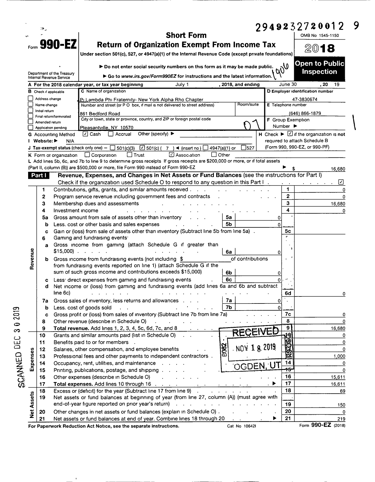 Image of first page of 2018 Form 990EO for Pi Lambda Phi Fraternity / New York Alpha Rho Chapter