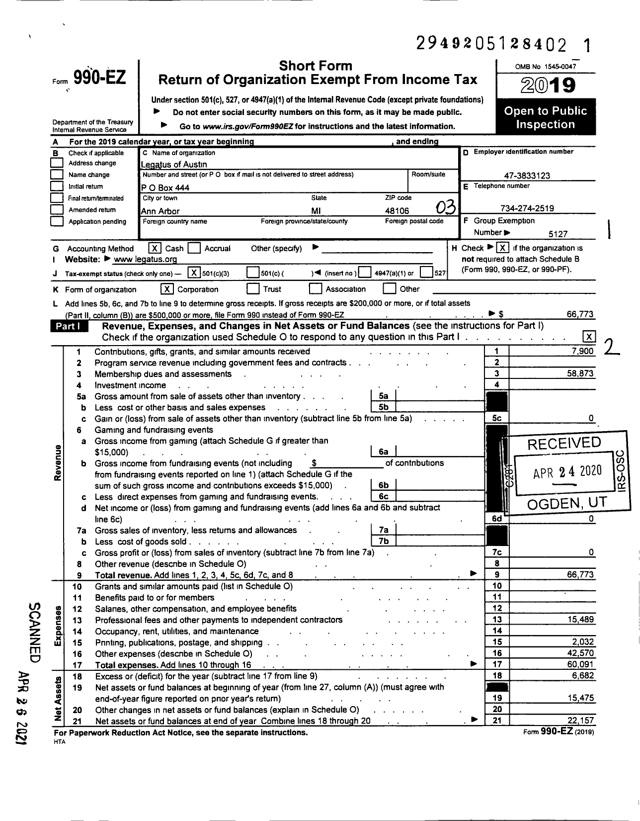 Image of first page of 2019 Form 990EZ for Legatus of Austin