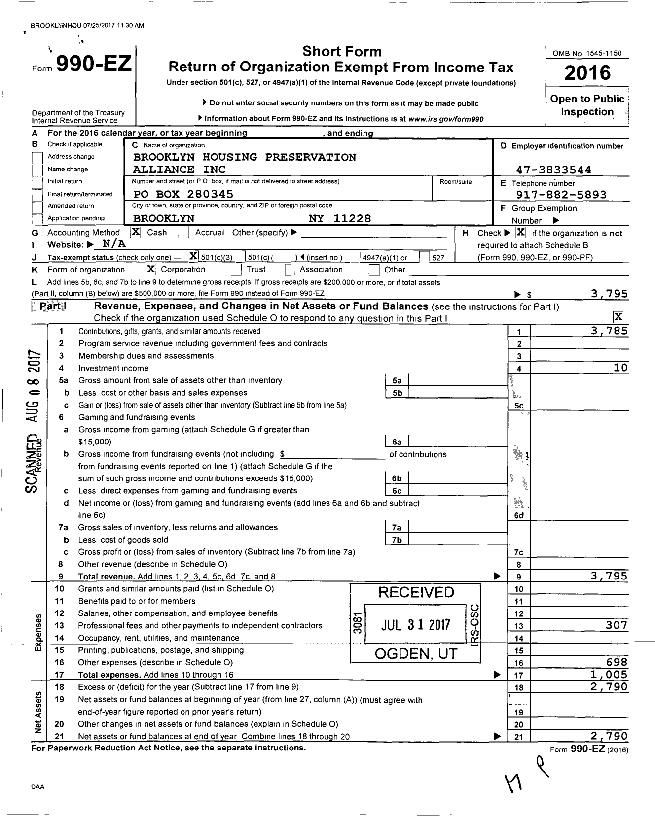 Image of first page of 2016 Form 990EZ for Brooklyn Housing Preservation Alliance