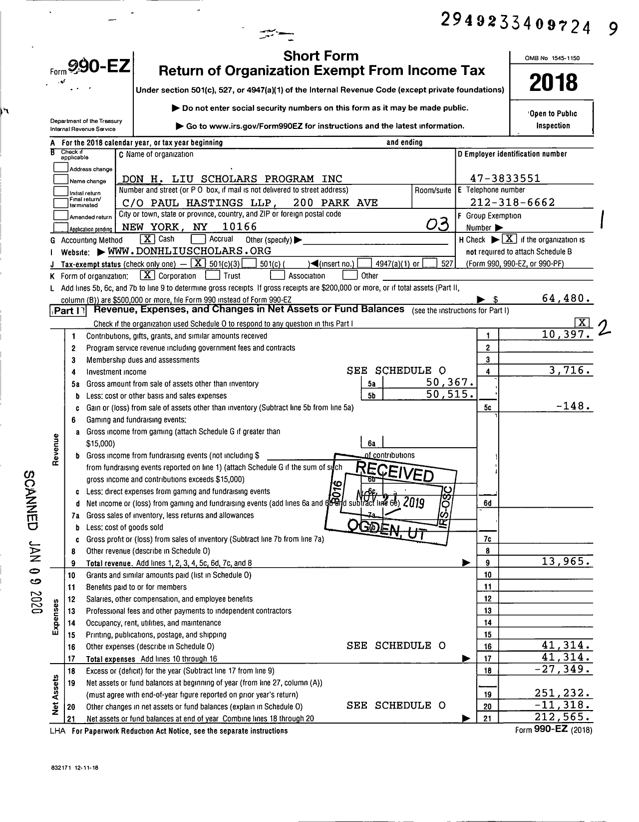 Image of first page of 2018 Form 990EZ for Don H Liu Scholars Program