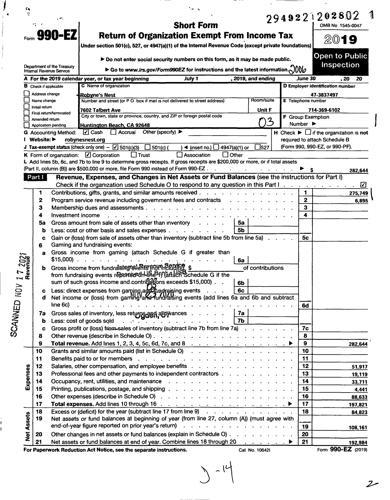 Image of first page of 2019 Form 990EZ for Robynes Nest