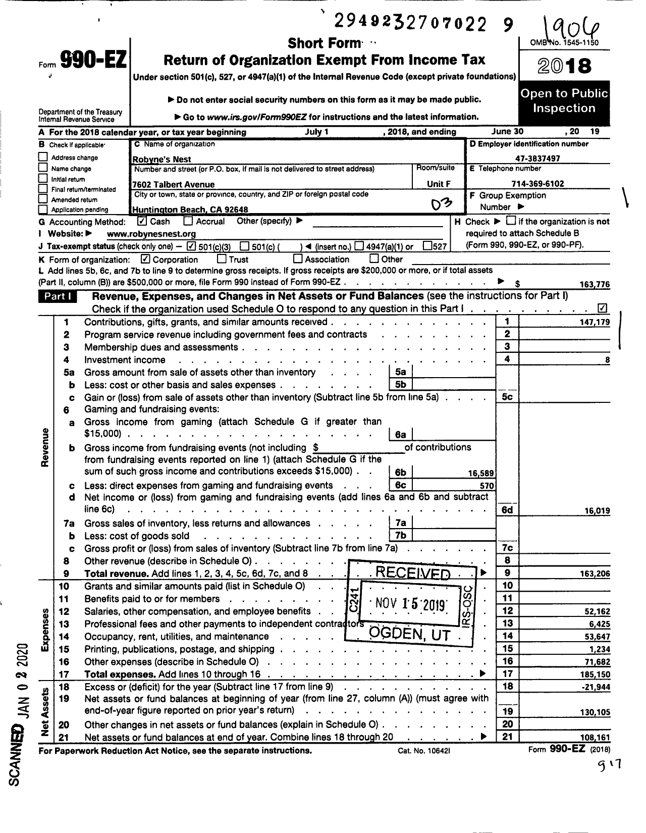 Image of first page of 2018 Form 990EZ for Robynes Nest