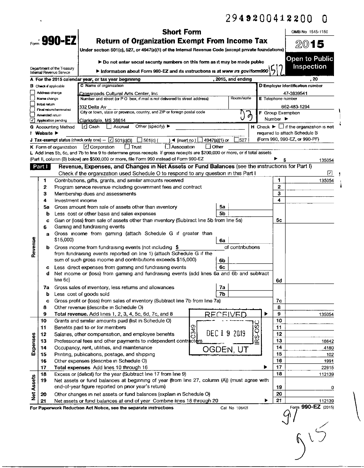 Image of first page of 2015 Form 990EZ for Crossroads Cultural Arts Center