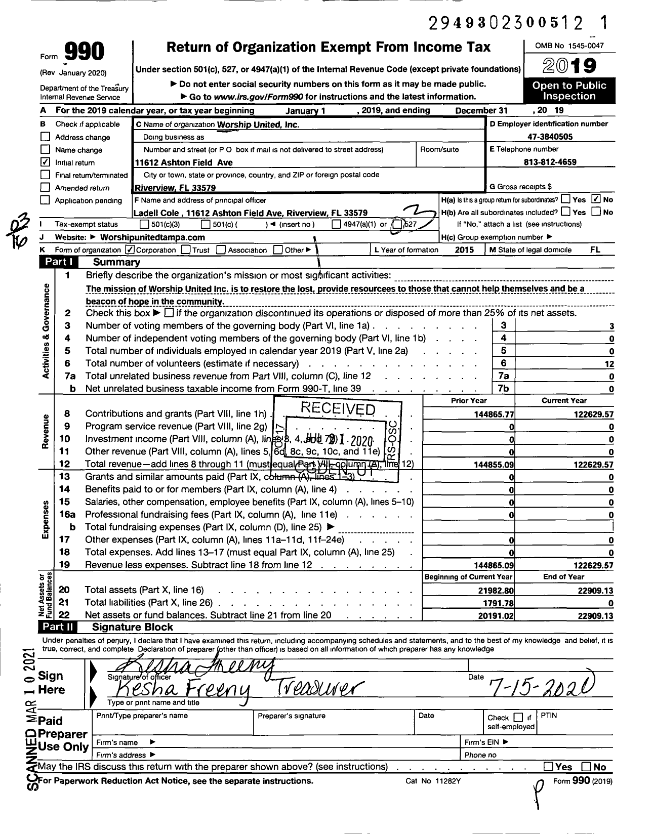 Image of first page of 2019 Form 990 for Worship United