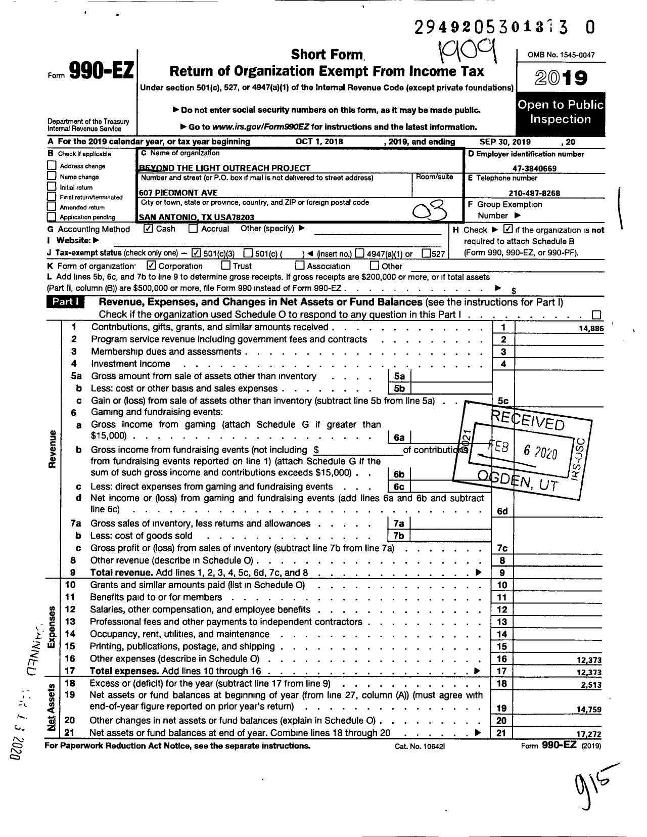 Image of first page of 2018 Form 990EZ for Beyond the Light Outreach Project