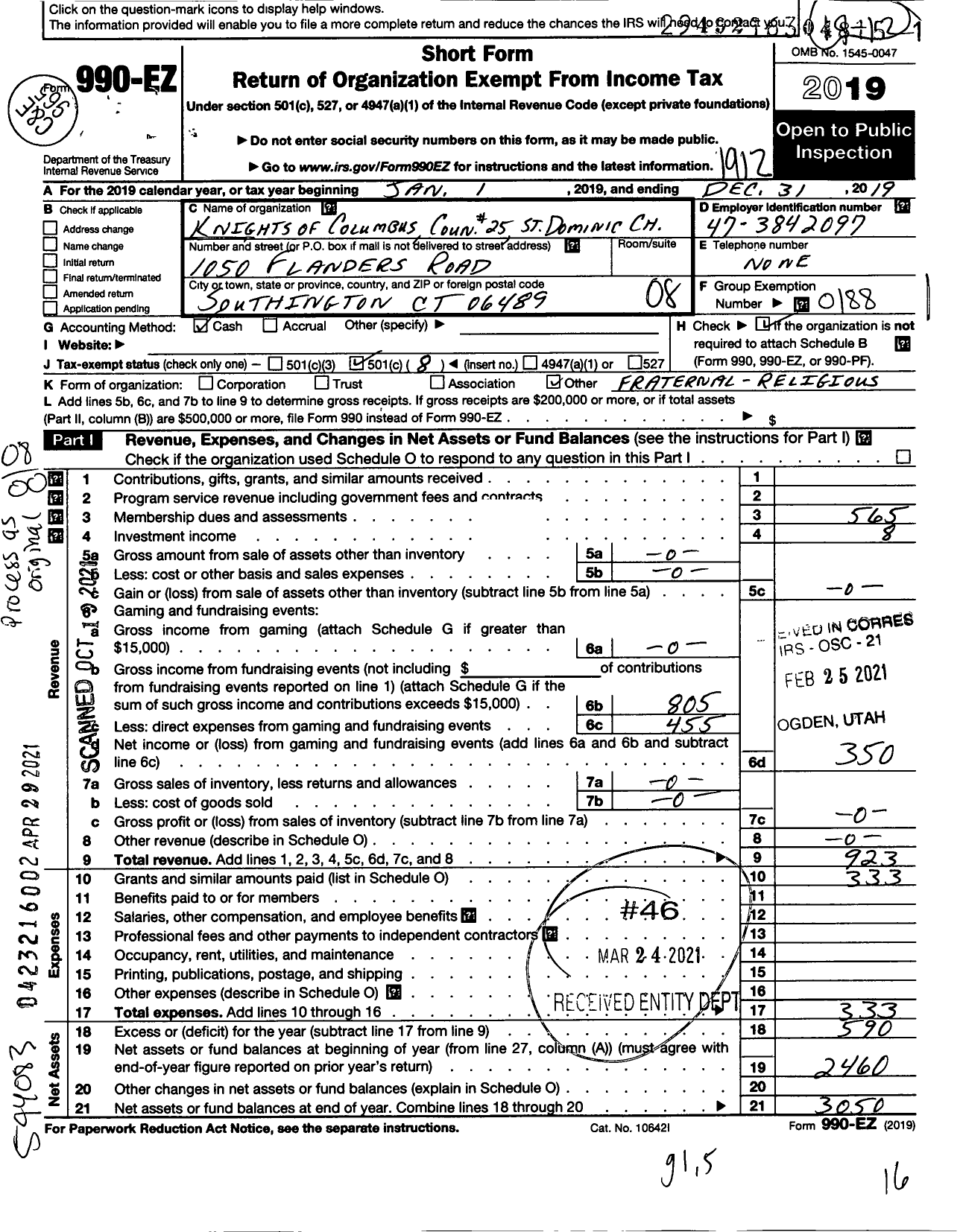 Image of first page of 2019 Form 990EO for KNIGHTS OF COLUMBUS - 25 Father Walter F Geraghty COUNcil