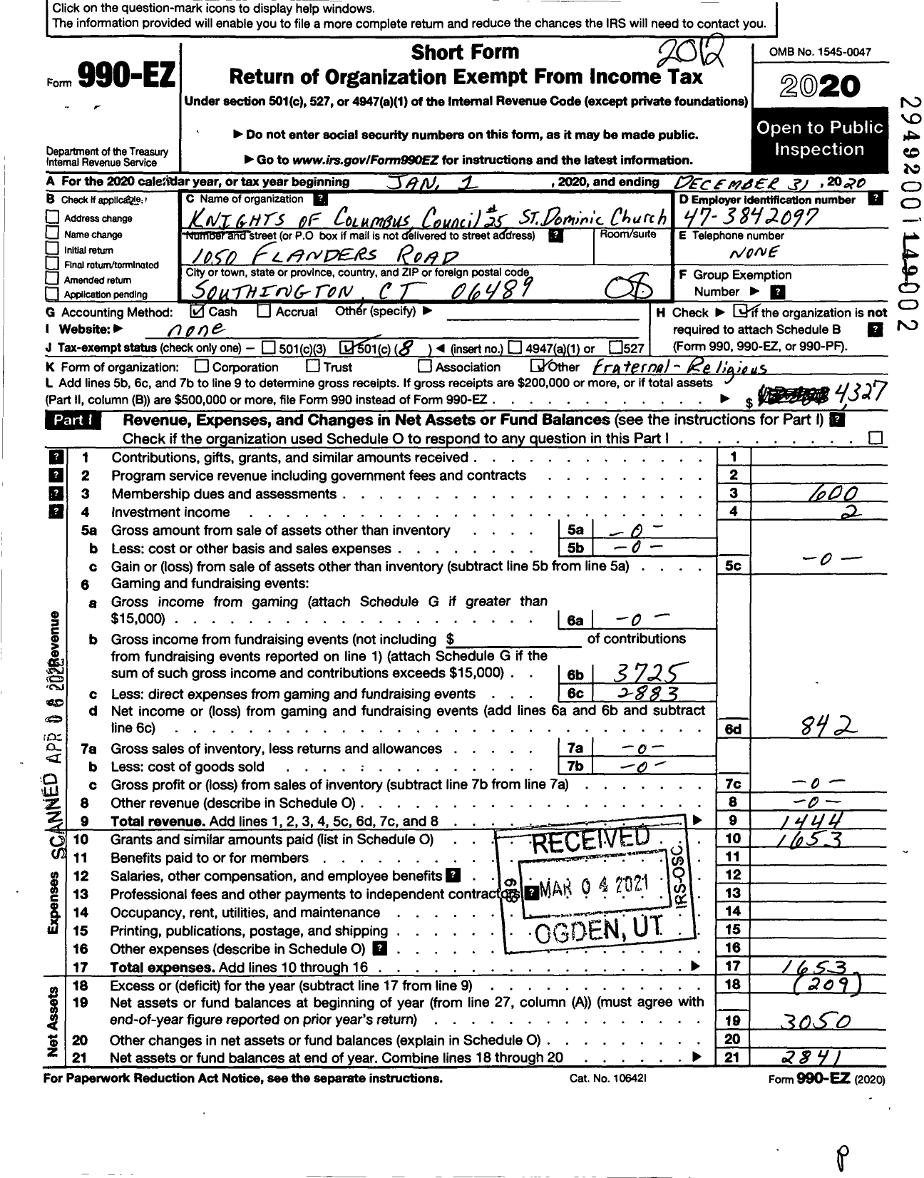 Image of first page of 2020 Form 990EO for KNIGHTS OF COLUMBUS - 25 Father Walter F Geraghty COUNcil