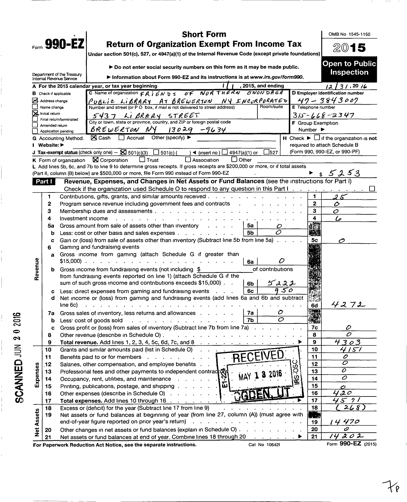 Image of first page of 2016 Form 990EZ for Friends of Northern Onondaga Public Library at Brewerton Ny Incorpora