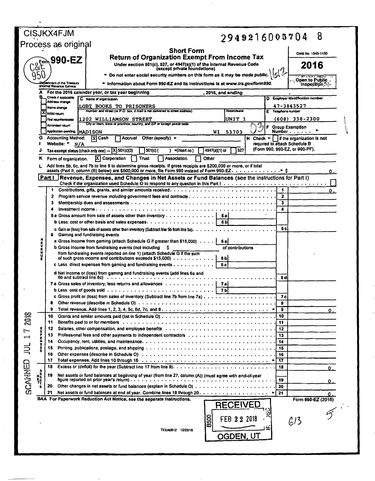 Image of first page of 2016 Form 990EZ for LGBT Books To Prisoners