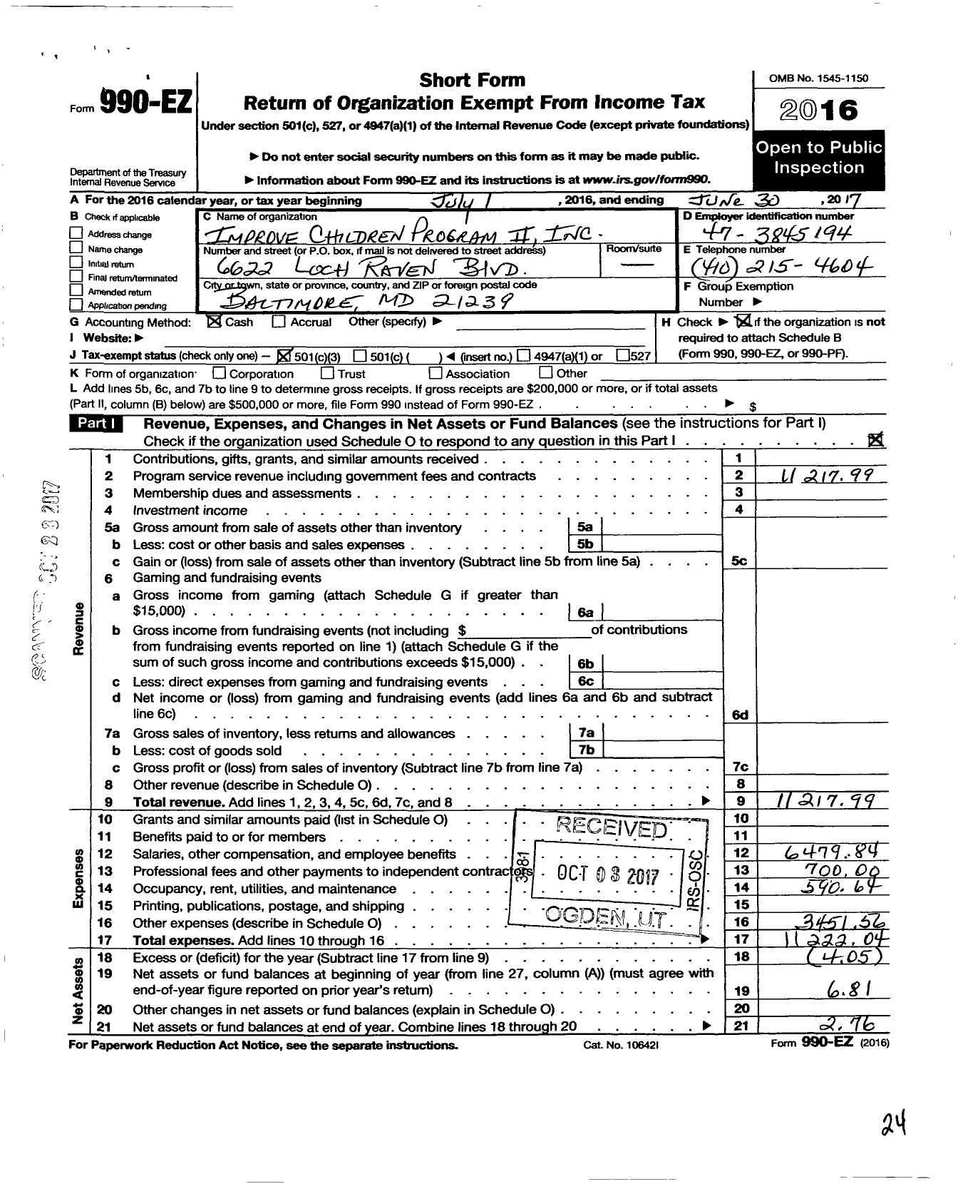 Image of first page of 2016 Form 990EZ for Improve Children Program Ii