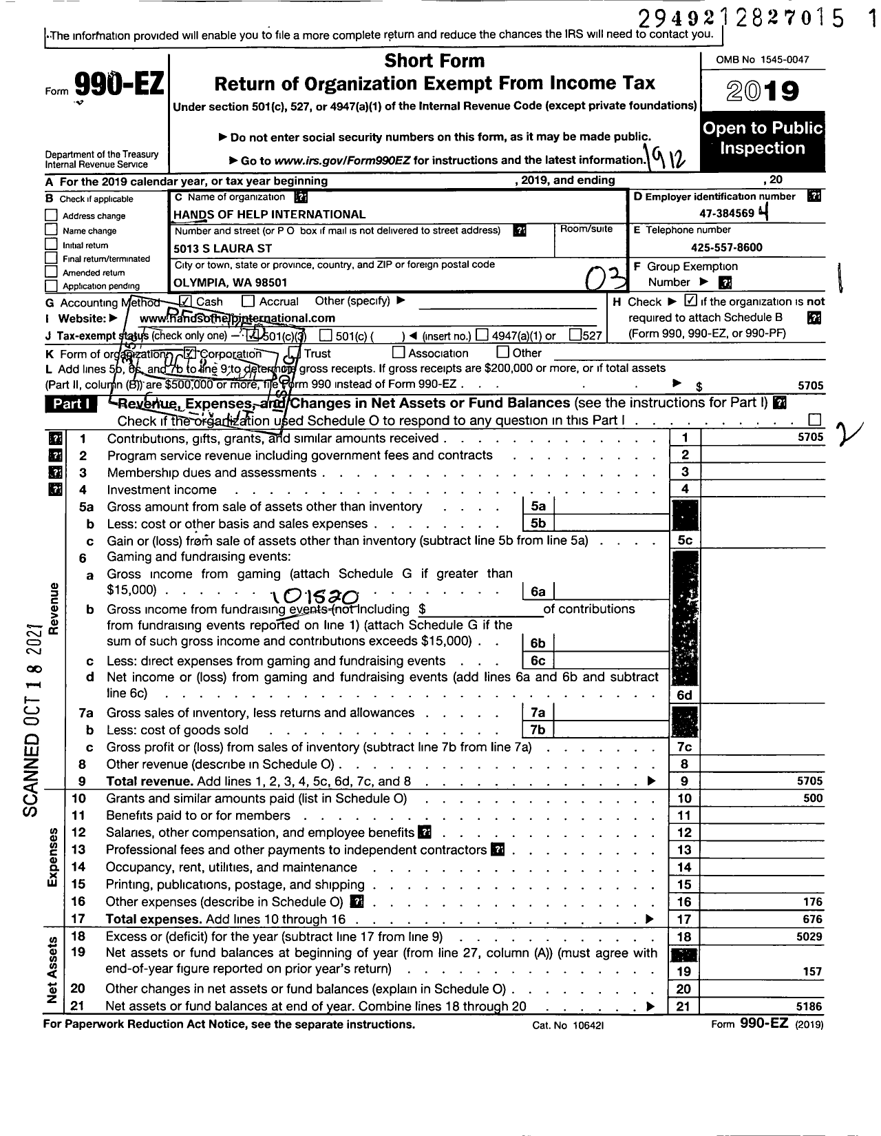 Image of first page of 2019 Form 990EZ for Hands of Help International