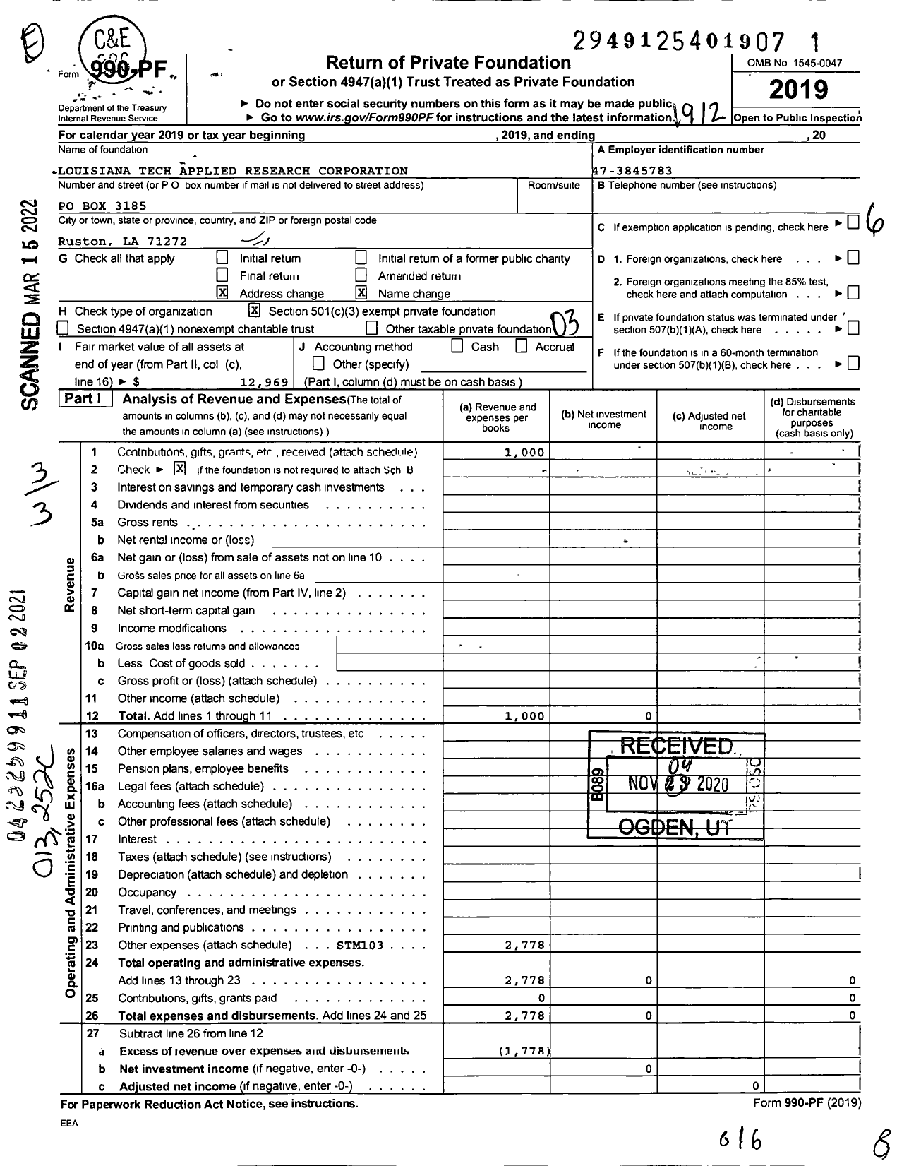 Image of first page of 2019 Form 990PF for Louisiana Tech Applied Research Corporation