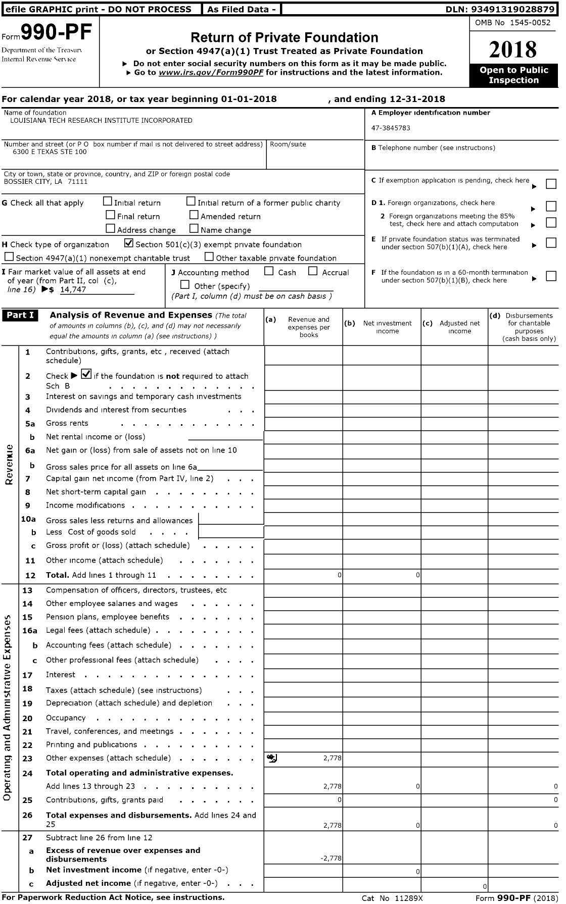 Image of first page of 2018 Form 990PF for Louisiana Tech Applied Research Corporation