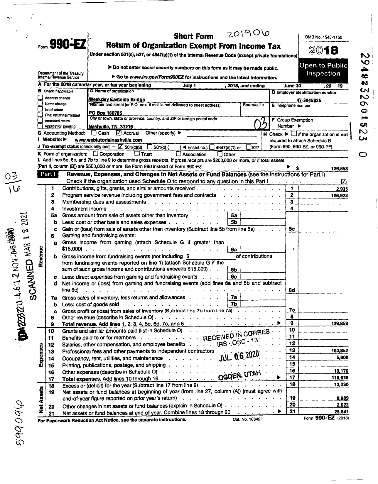 Image of first page of 2018 Form 990EZ for Weekday Eastside Bridge