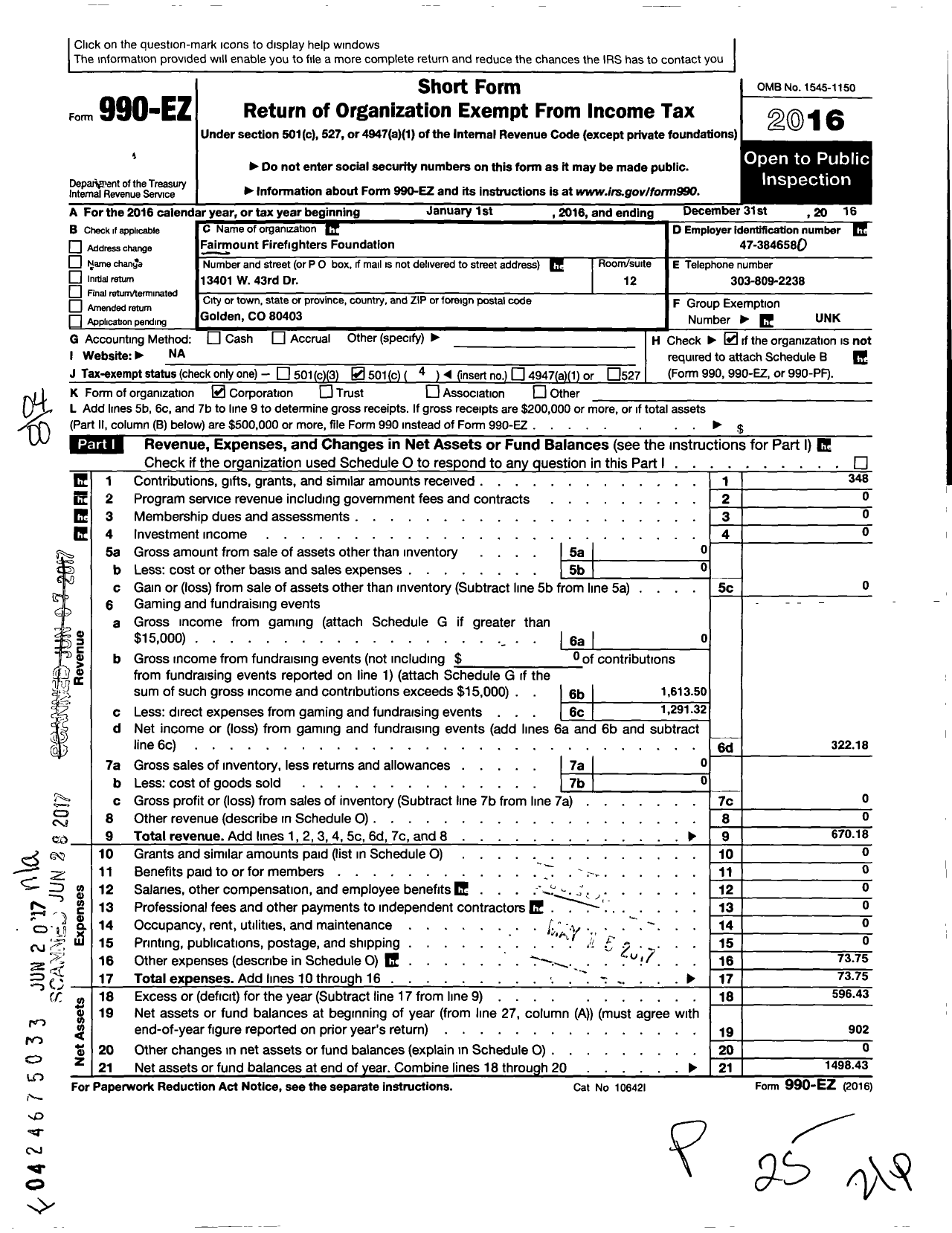 Image of first page of 2016 Form 990EO for Fairmount Firefighters Foundation