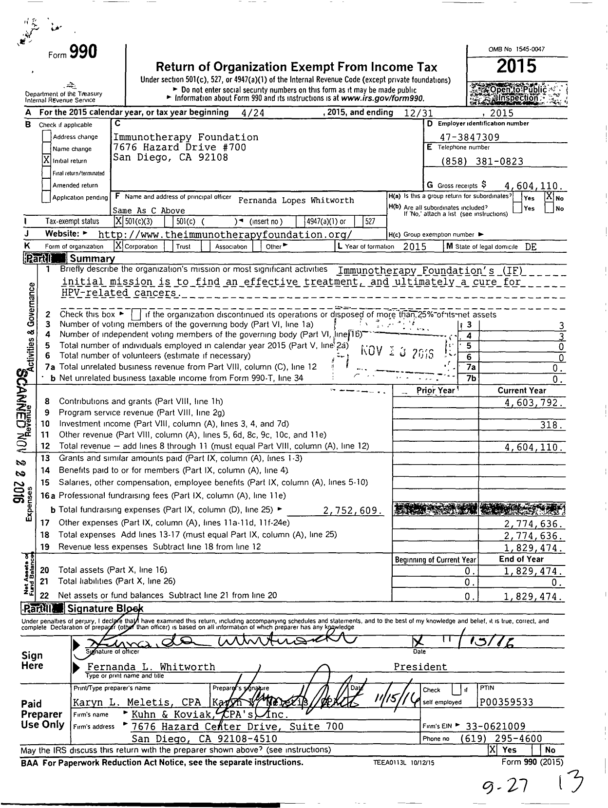 Image of first page of 2015 Form 990 for Immunotherapy Foundation